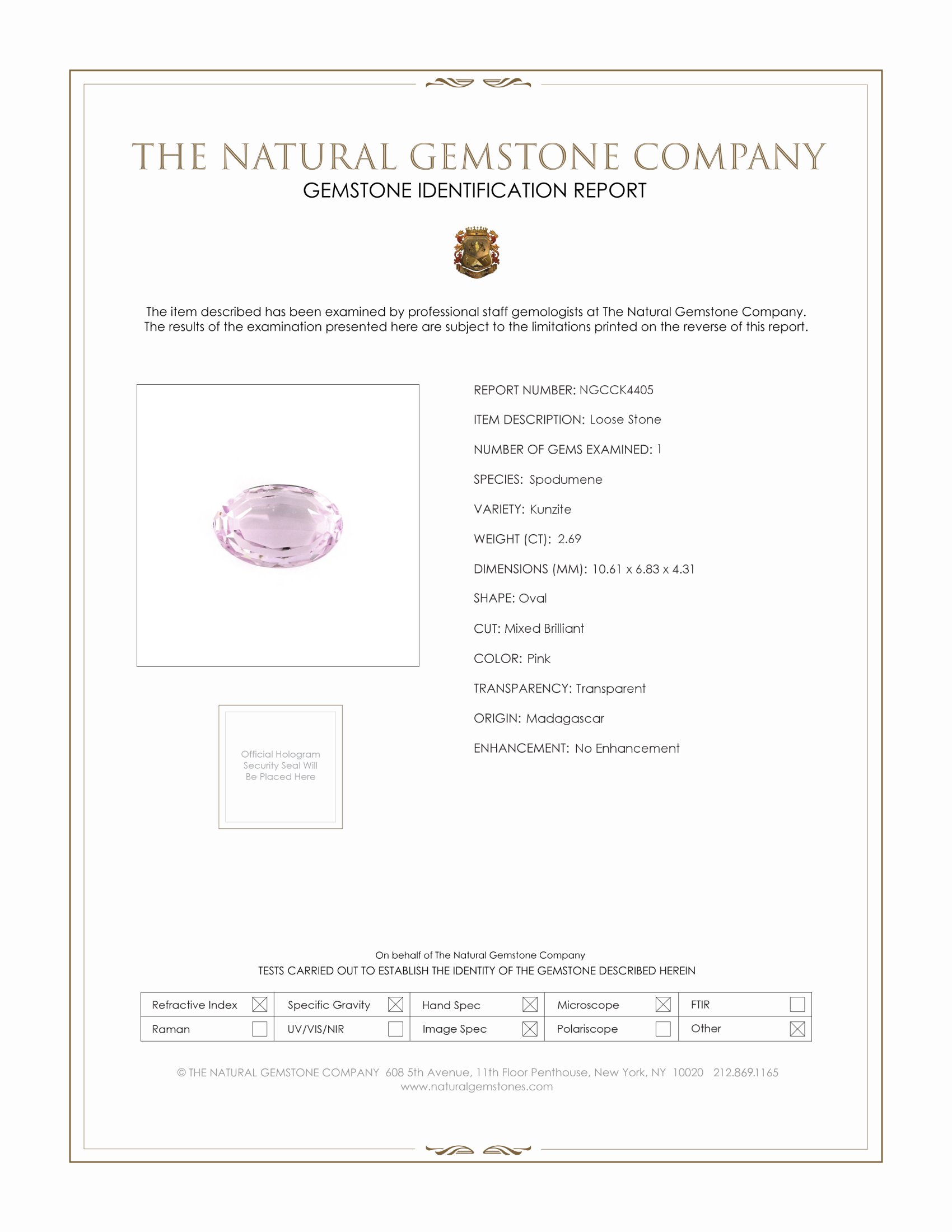 2.69 Ct. Pink Kunzite from Madagascar