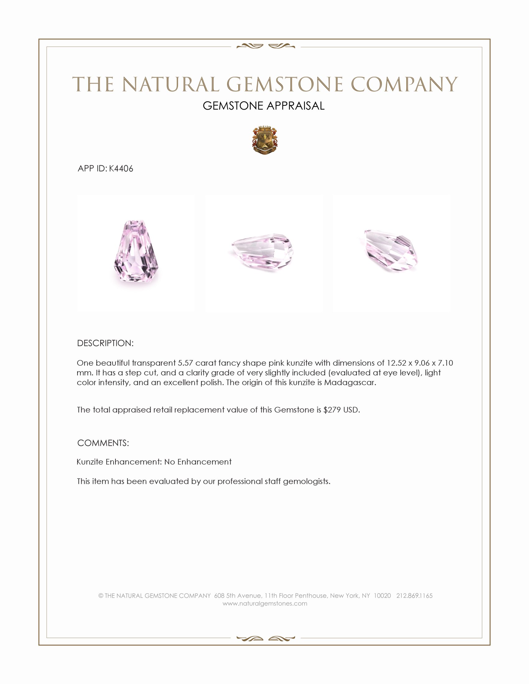 5.57 Ct. Kunzite from Madagascar