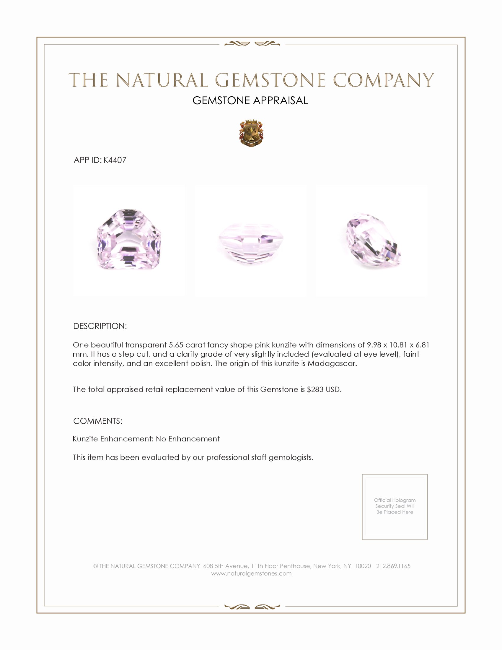 5.65 Ct. Pink Kunzite from Madagascar