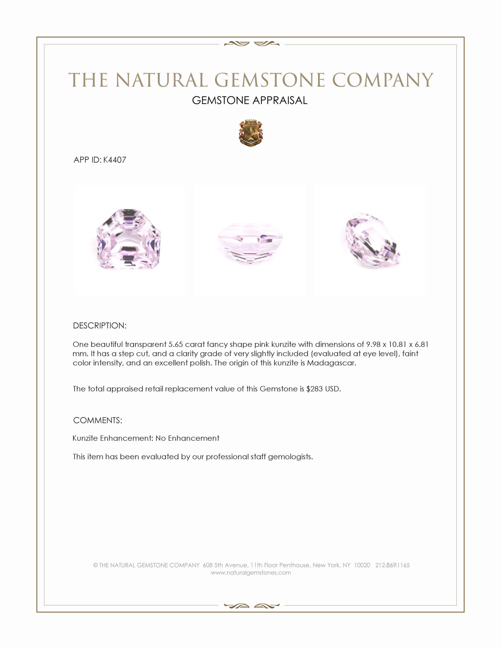 5.65 Ct. Kunzite from Madagascar