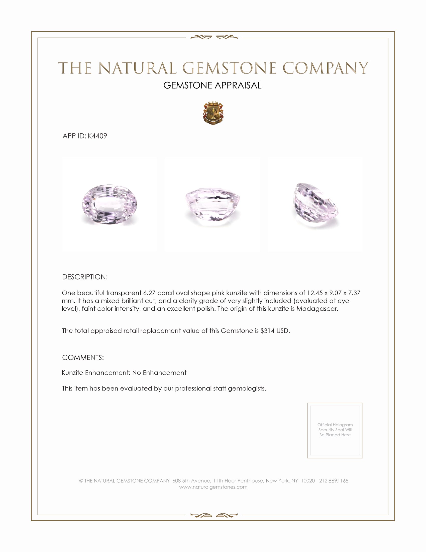 6.27 Ct. Kunzite from Madagascar