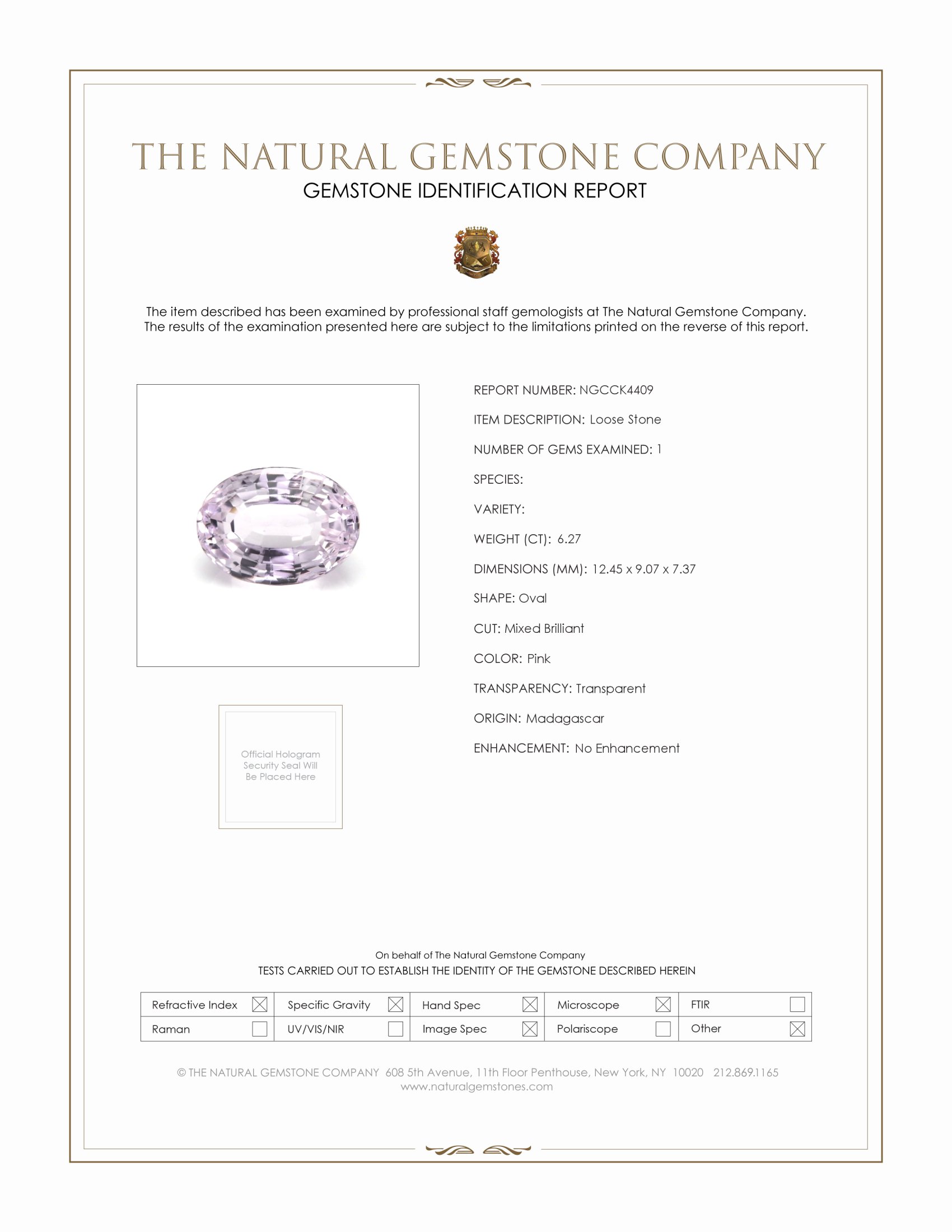 6.27 Ct. Pink Kunzite from Madagascar