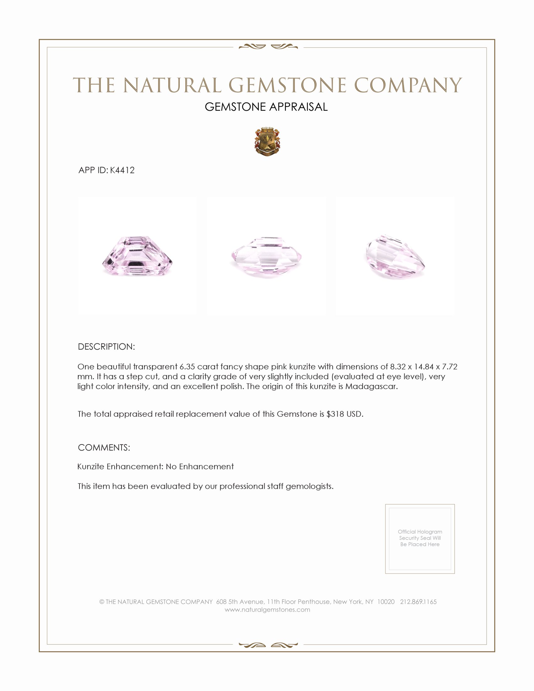 6.35 Ct. Kunzite from Madagascar