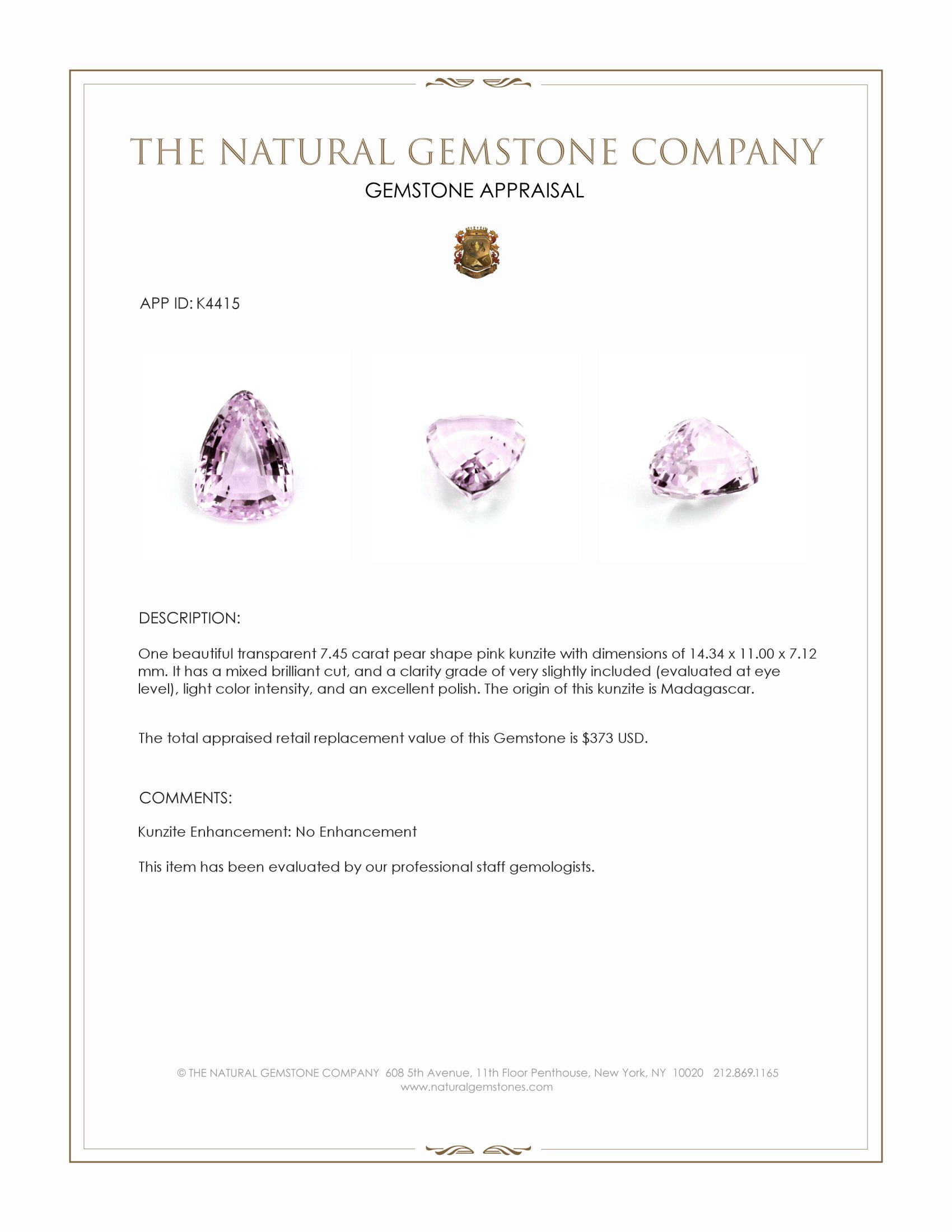 7.45 Ct. Kunzite from Madagascar