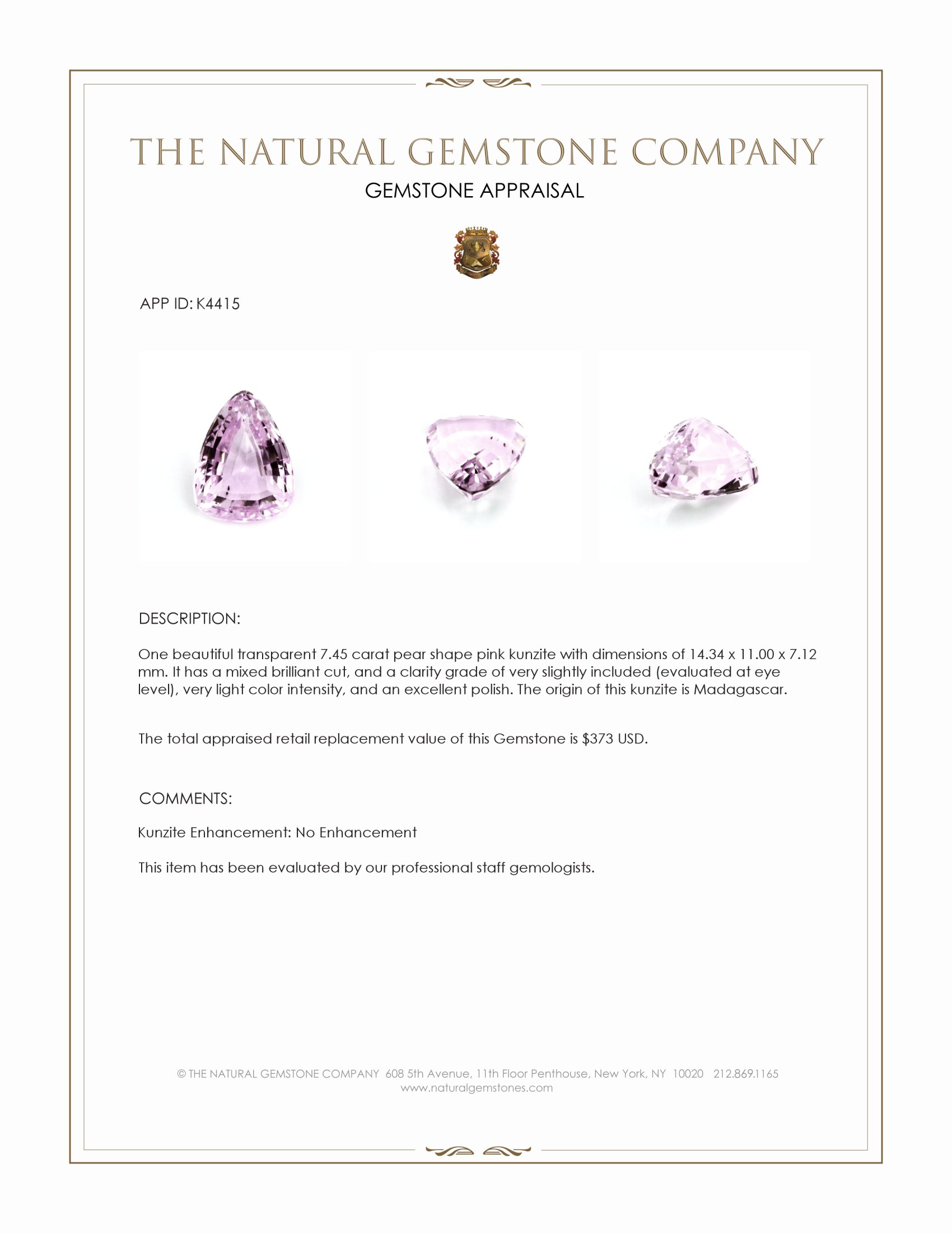7.45 Ct. Kunzite from Madagascar