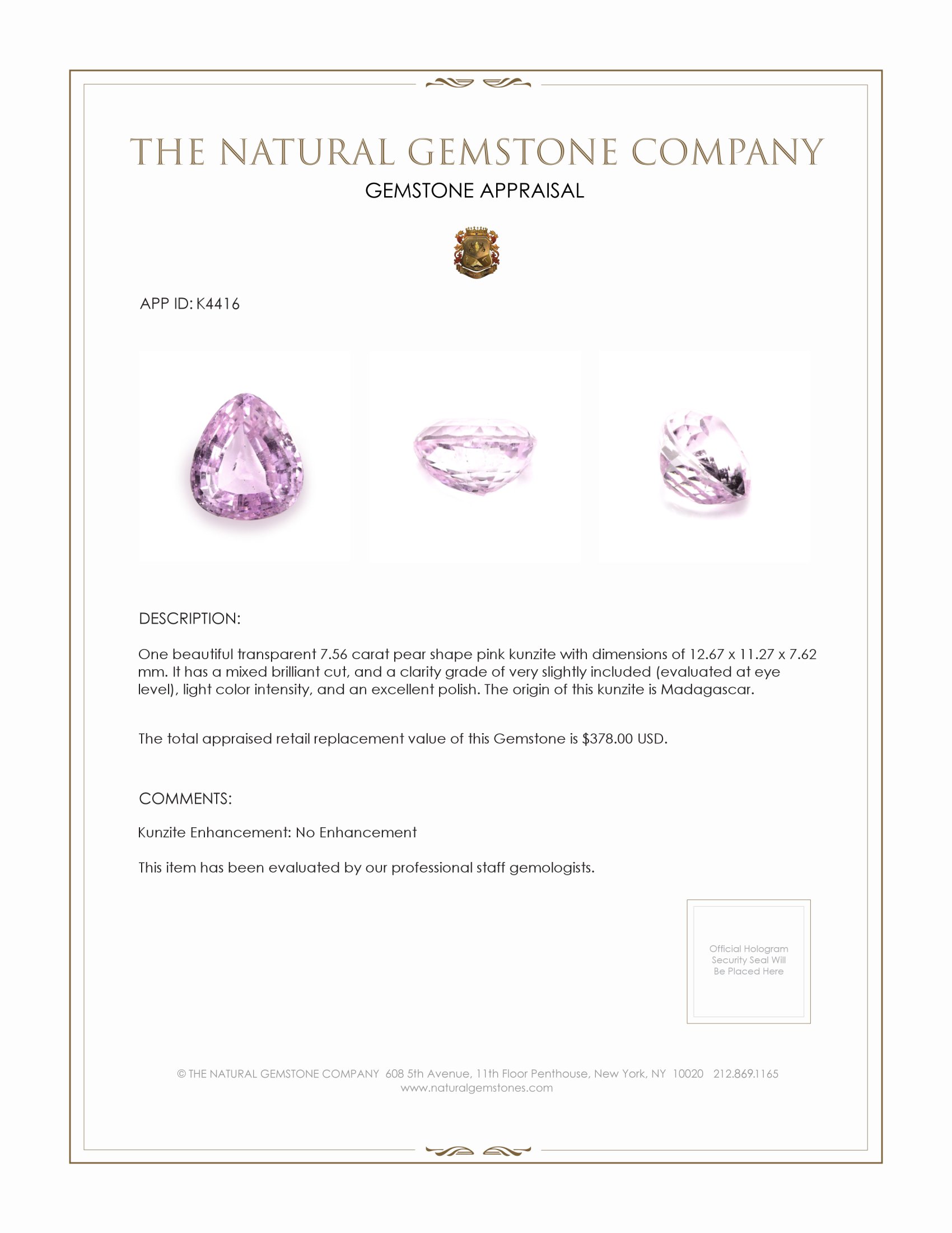 7.56 Ct. Kunzite from Madagascar