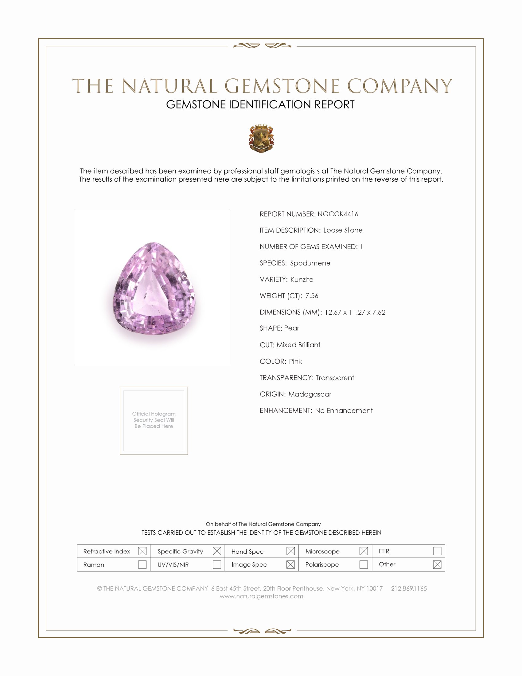 7.56 Ct. Kunzite from Madagascar