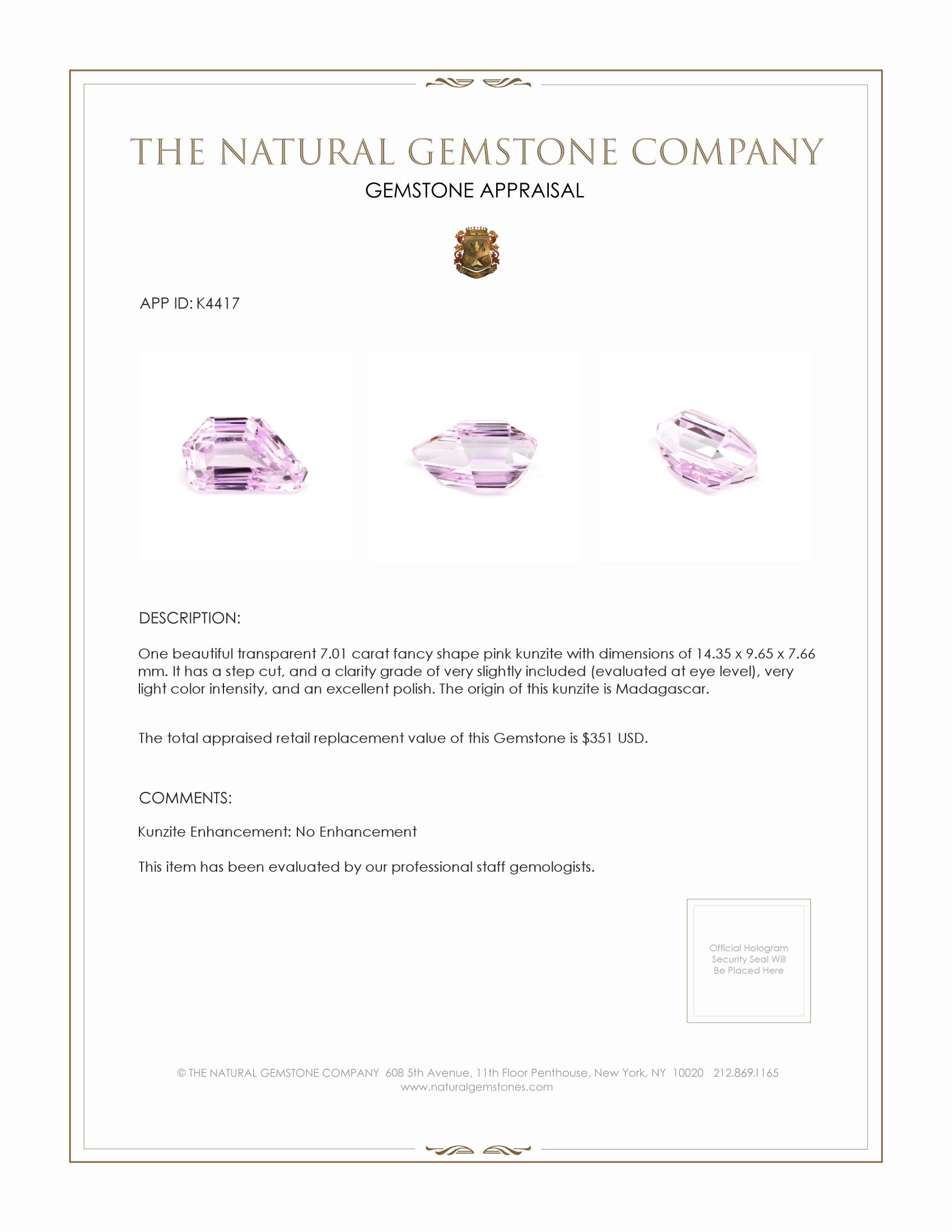 7.01 Ct. Kunzite from Madagascar