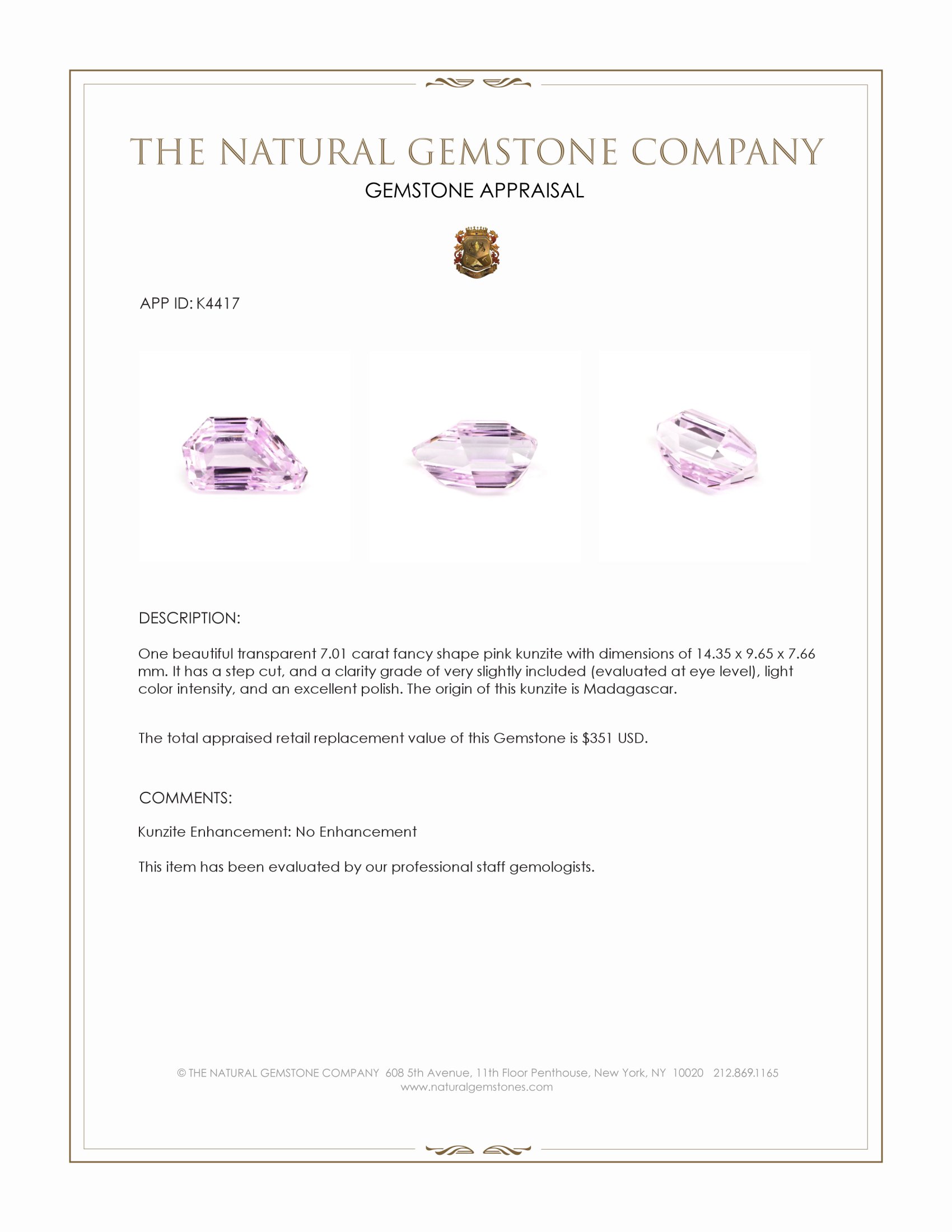 7.01 Ct. Pink Kunzite from Madagascar