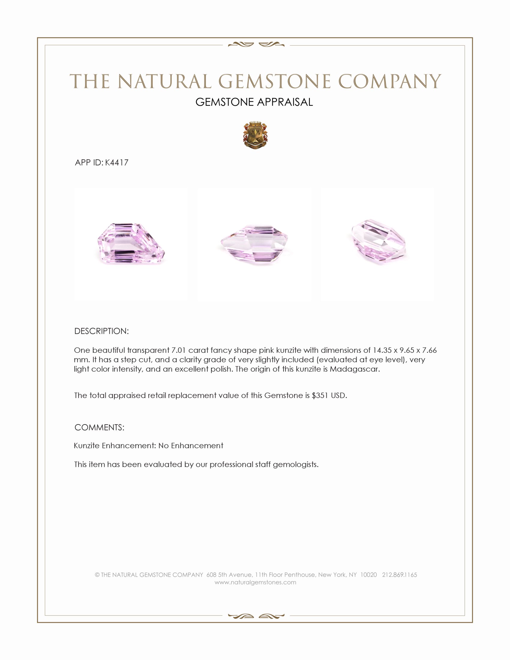 7.01 Ct. Kunzite from Madagascar