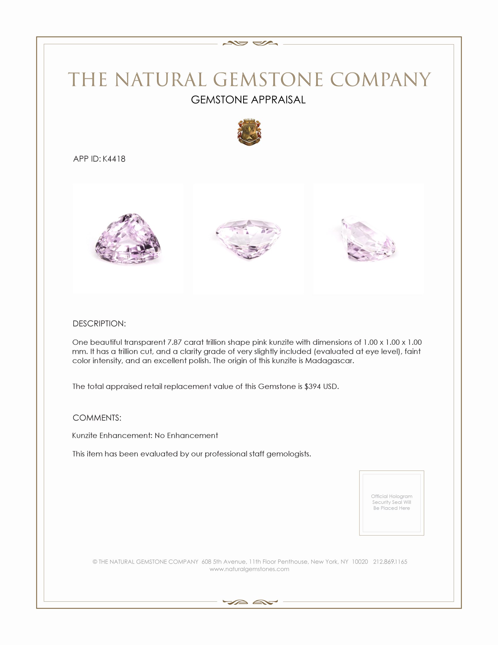 7.87 Ct. Kunzite from Madagascar