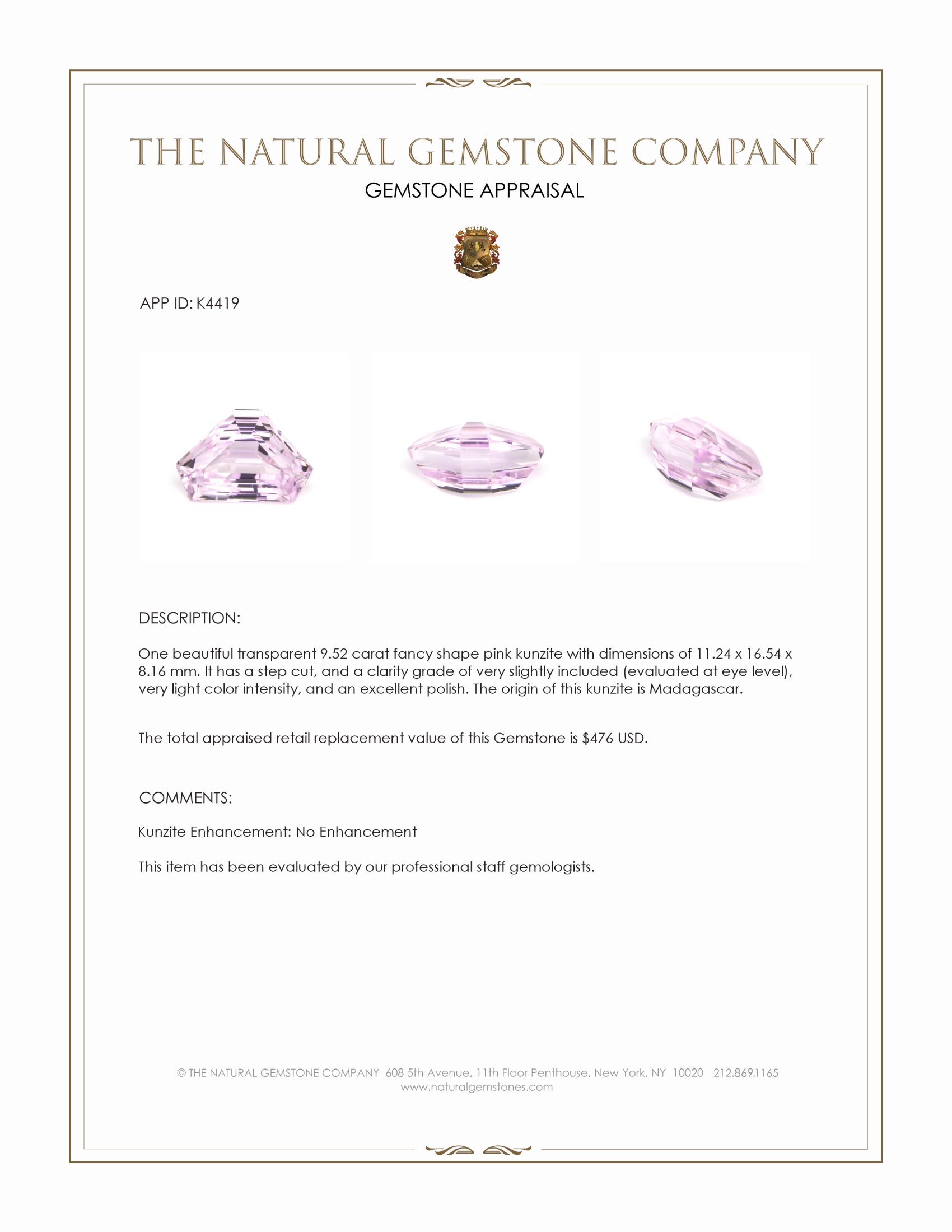 9.52 Ct. Kunzite from Madagascar