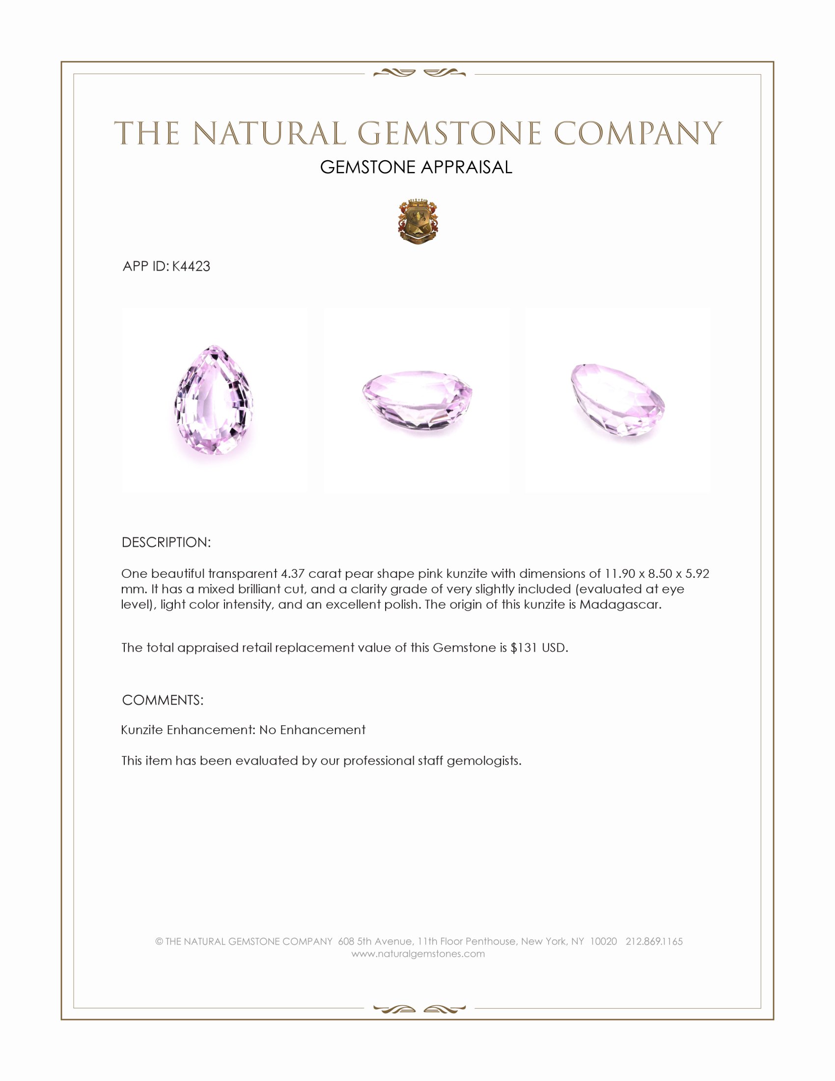 4.37 Ct. Pink Kunzite from Madagascar