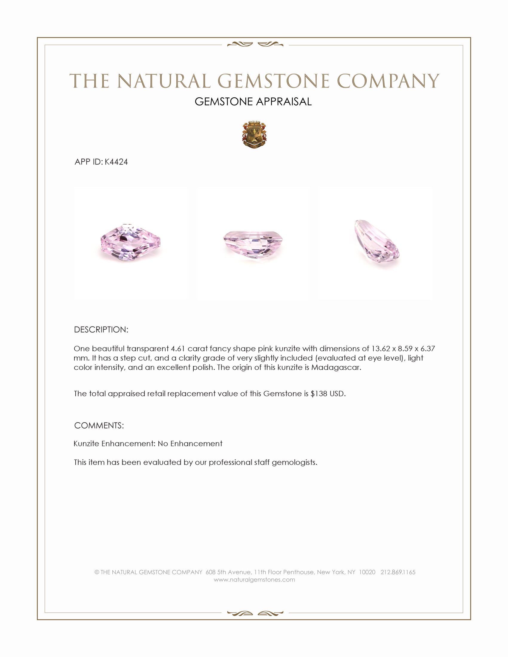 4.61 Ct. Pink Kunzite from Madagascar