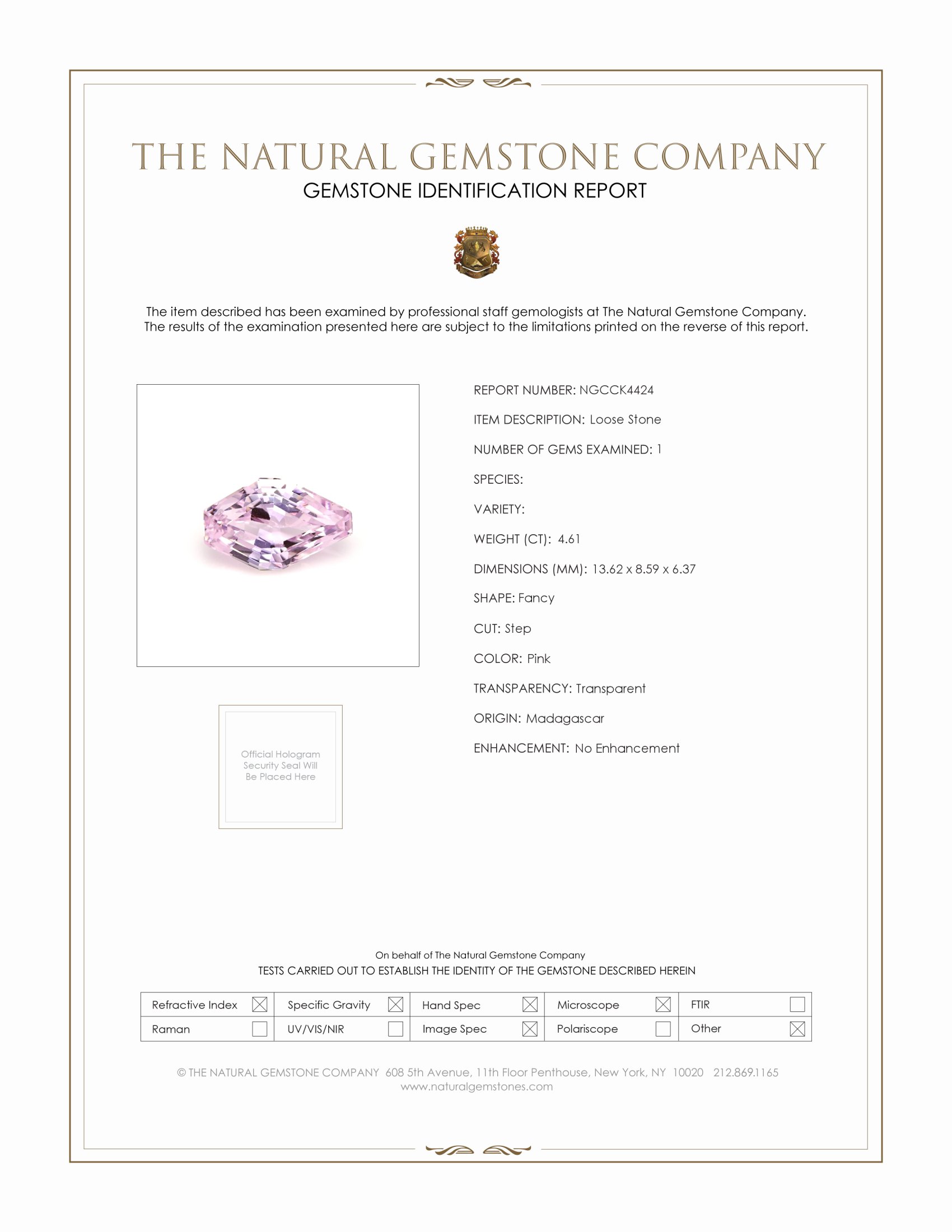4.61 Ct. Pink Kunzite from Madagascar