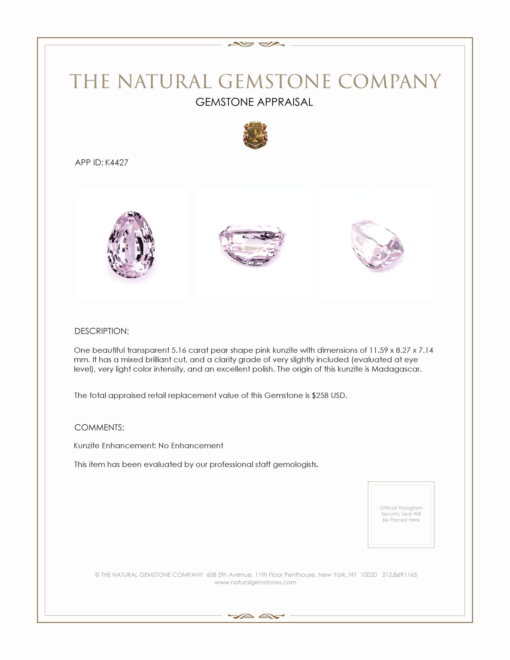 5.16 Ct. Kunzite from Madagascar