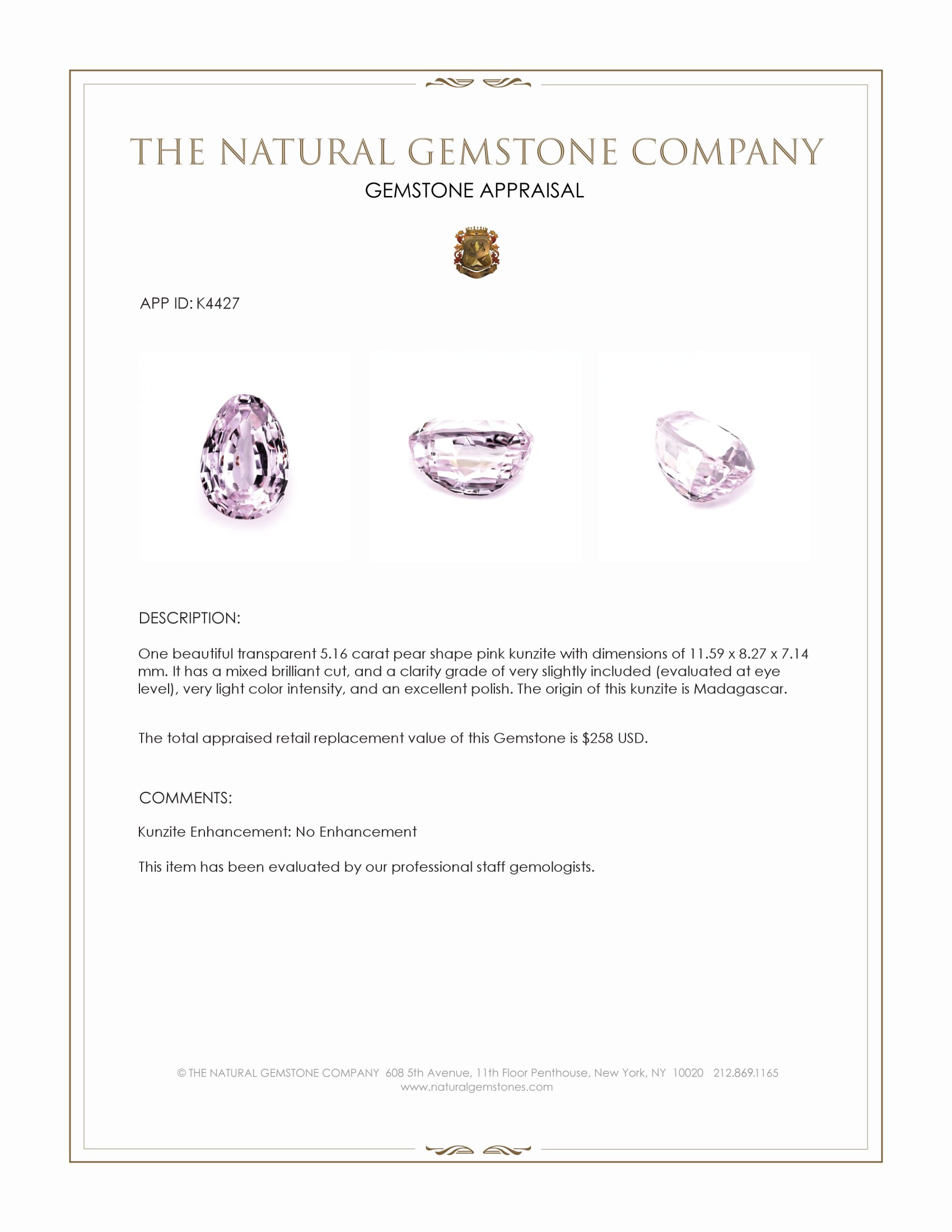 5.16 Ct. Kunzite from Madagascar