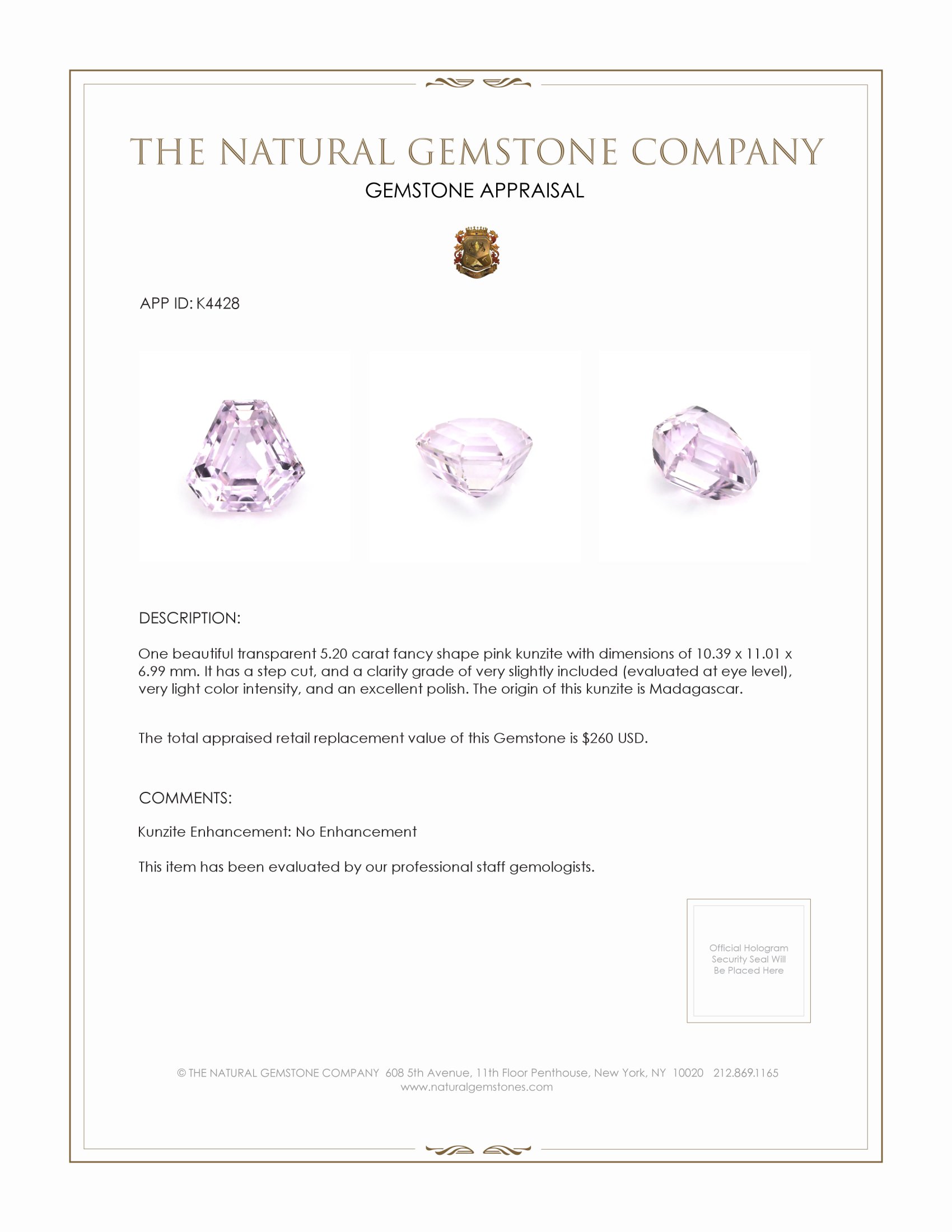 5.20 Ct. Kunzite from Madagascar