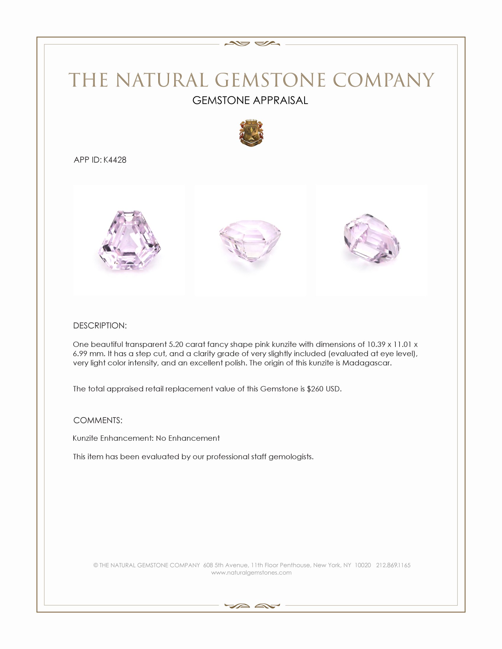 5.20 Ct. Kunzite from Madagascar