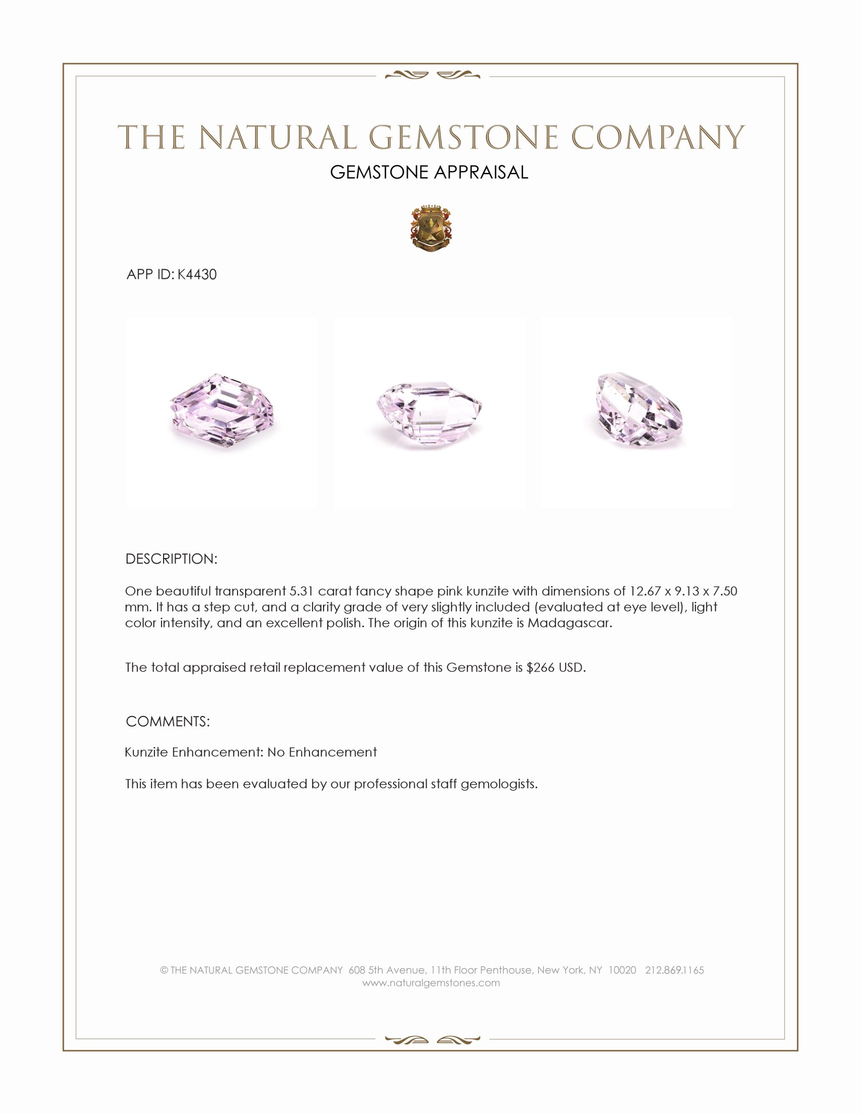 5.31 Ct. Kunzite from Madagascar