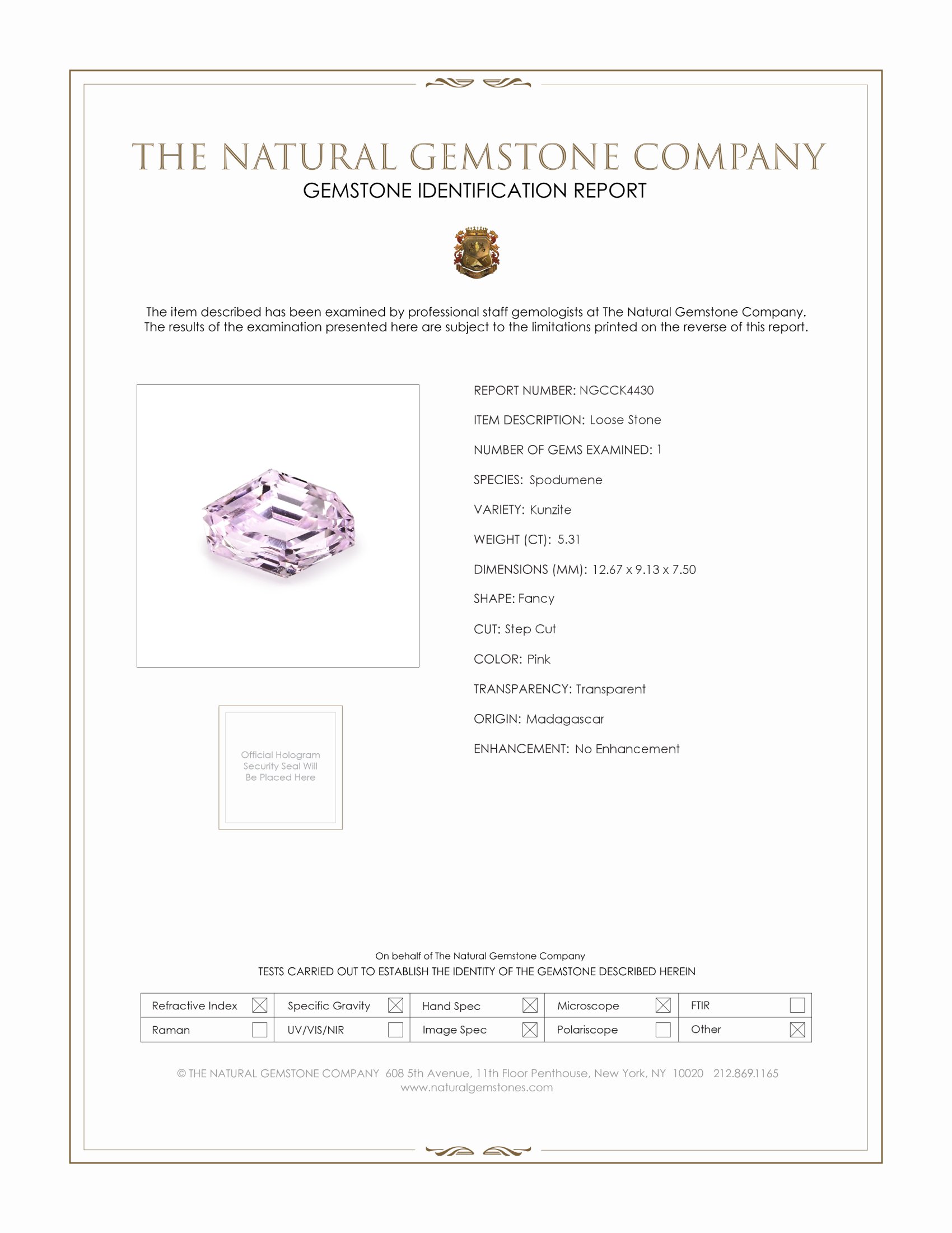 5.31 Ct. Pink Kunzite from Madagascar