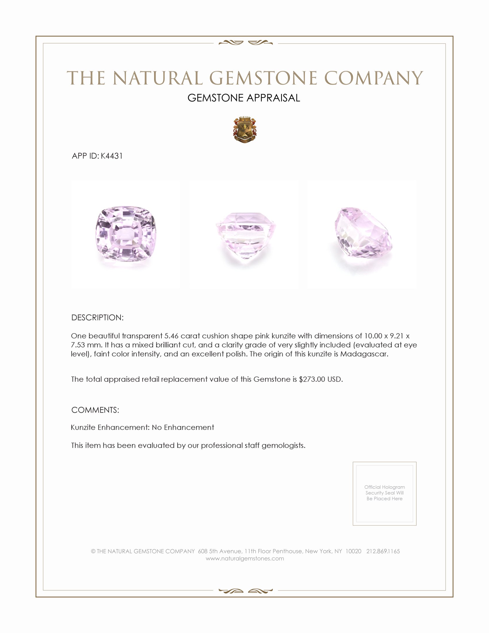 5.46 Ct. Pink Kunzite from Madagascar