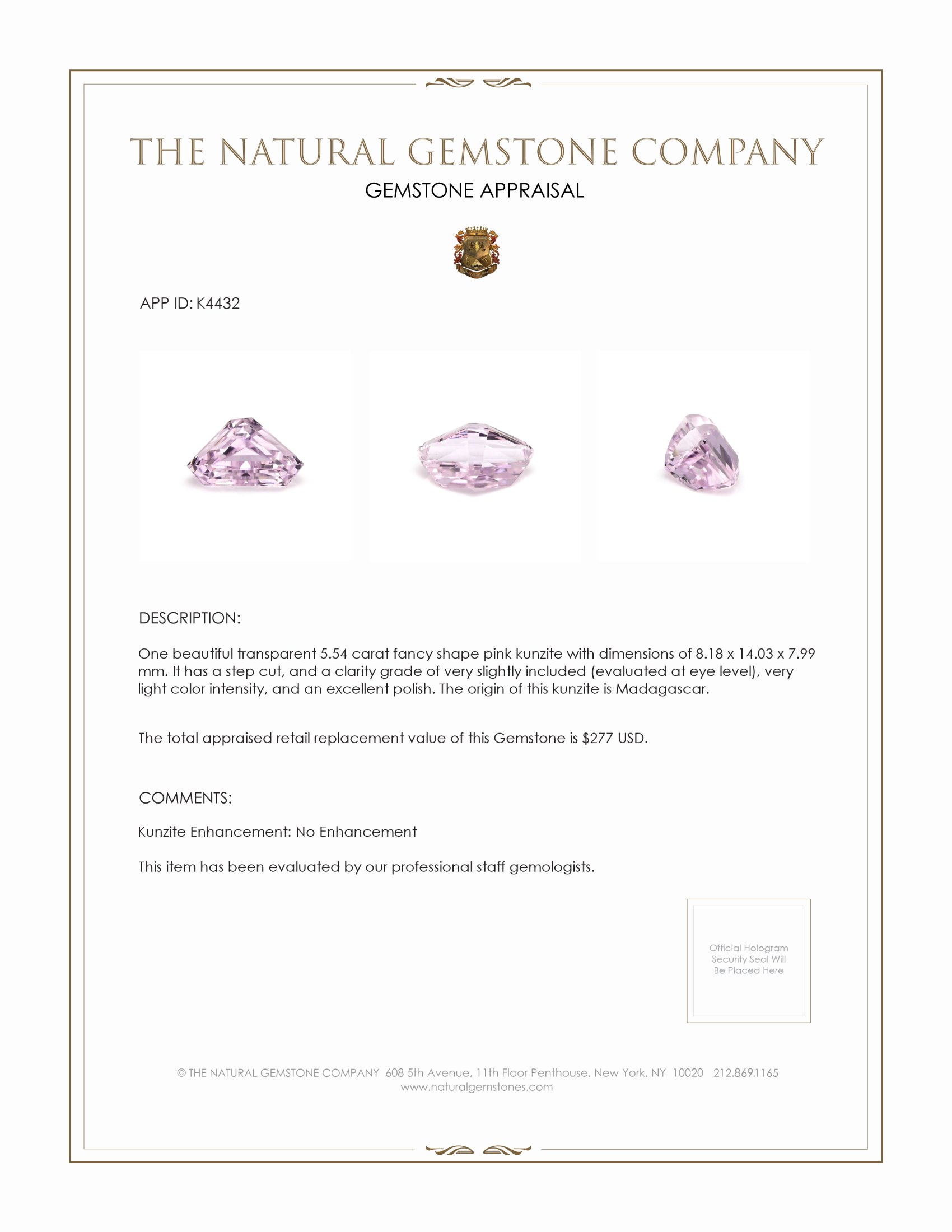 5.54 Ct. Kunzite from Madagascar