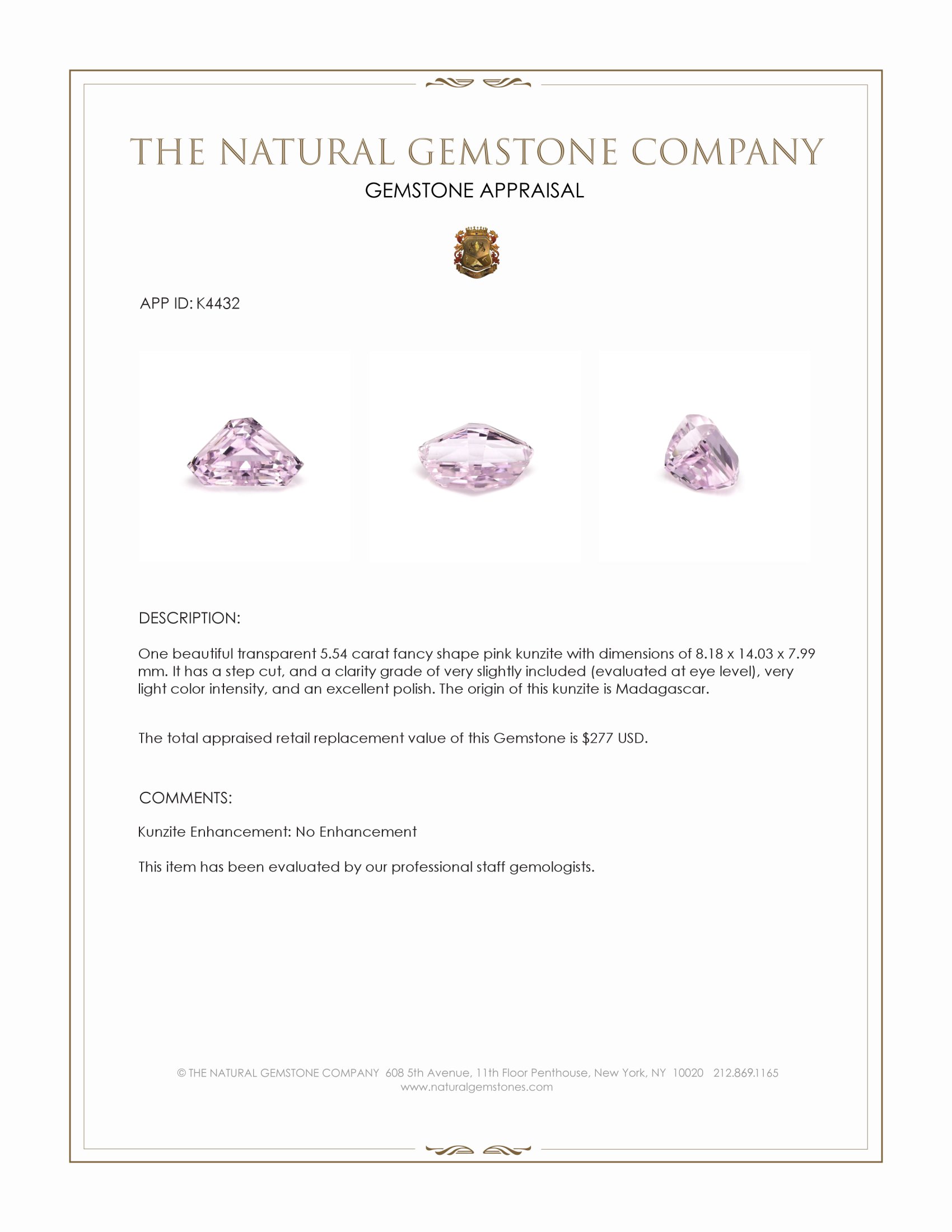 5.54 Ct. Kunzite from Madagascar