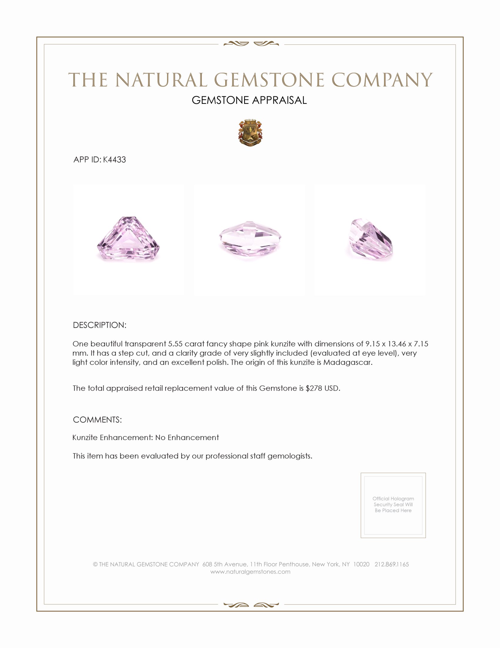 5.55 Ct. Pink Kunzite from Madagascar