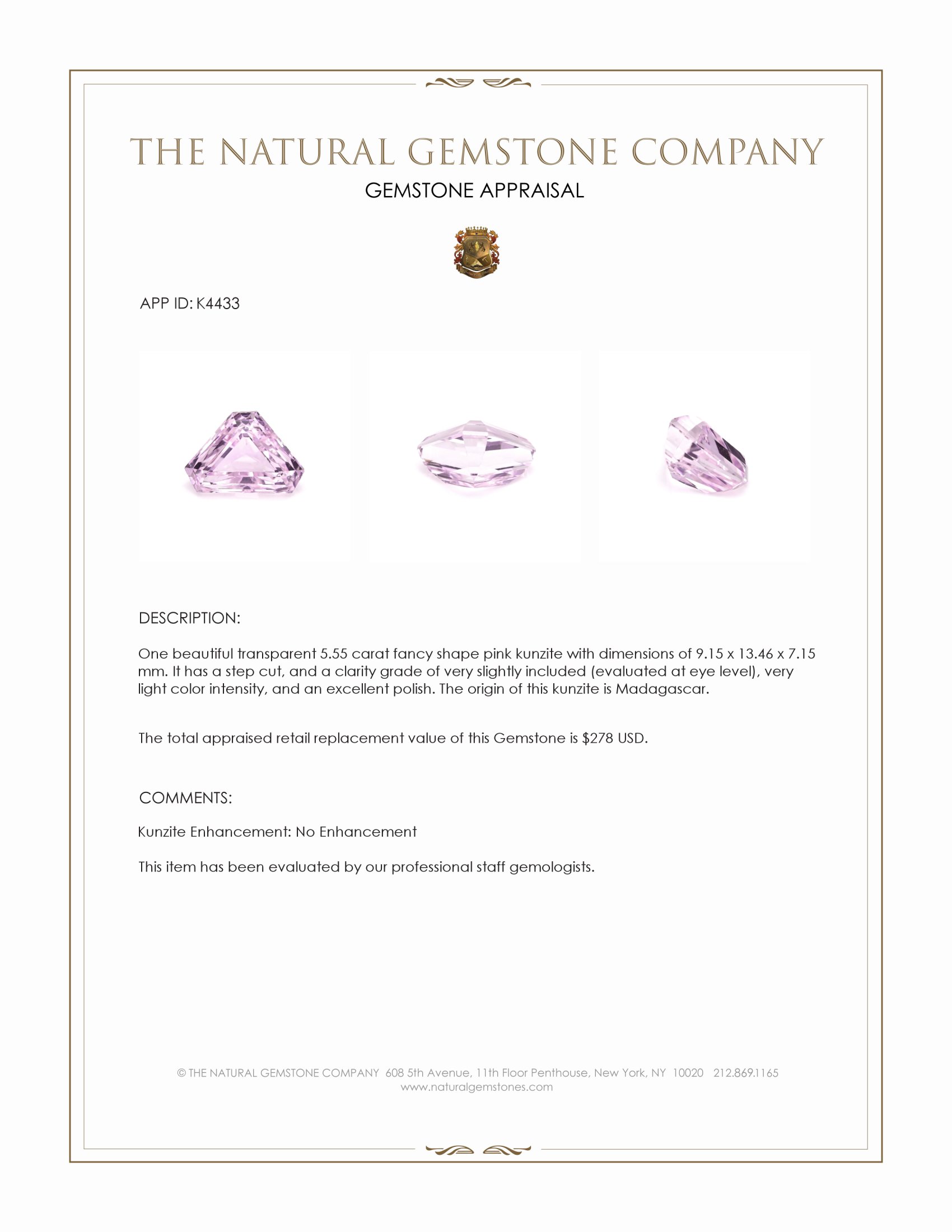 5.55 Ct. Kunzite from Madagascar