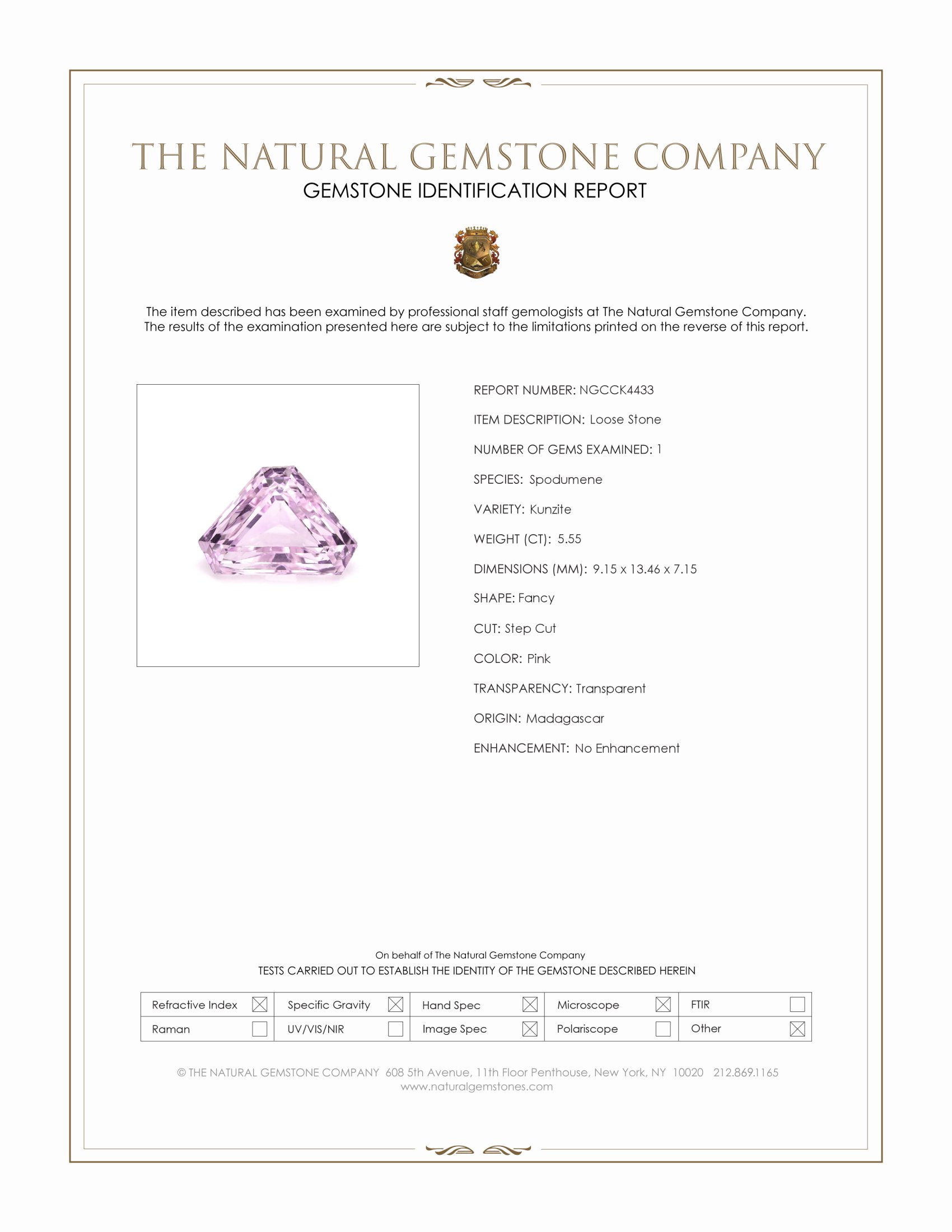 5.55 Ct. Kunzite from Madagascar