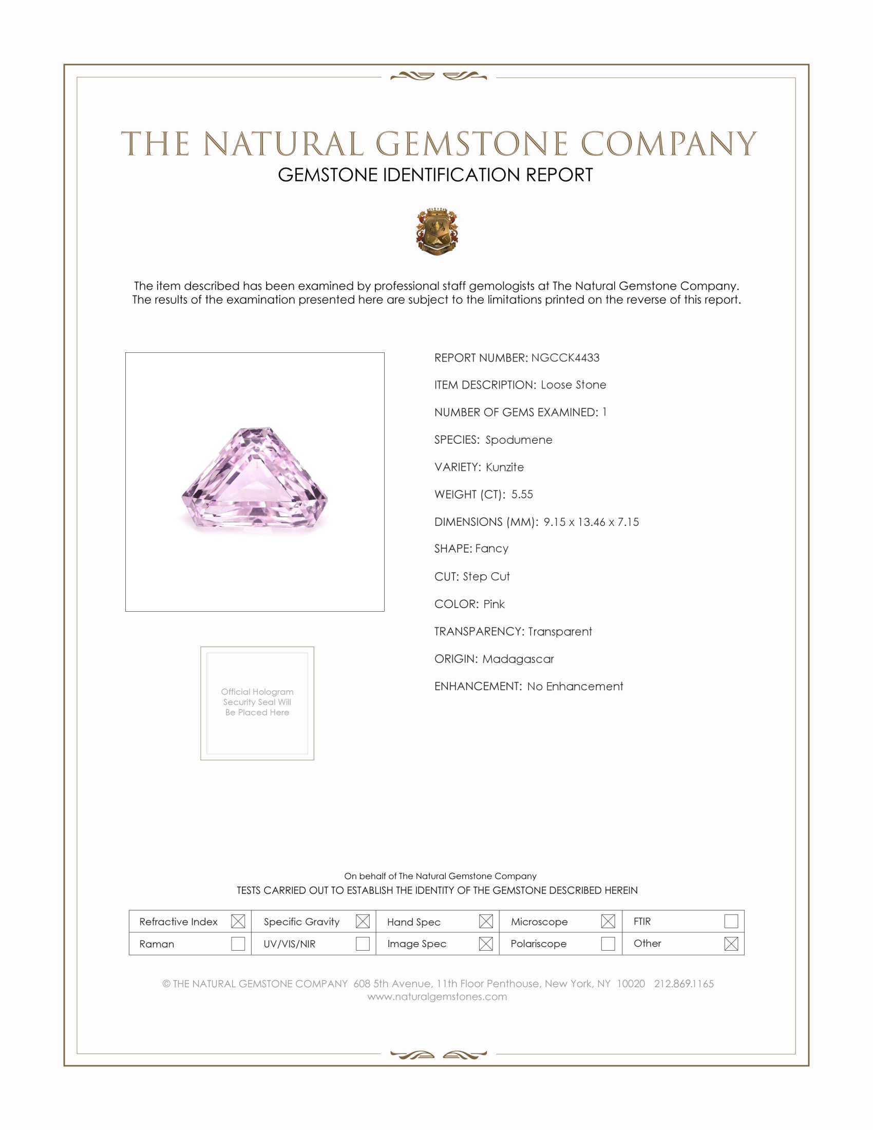 5.55 Ct. Kunzite from Madagascar
