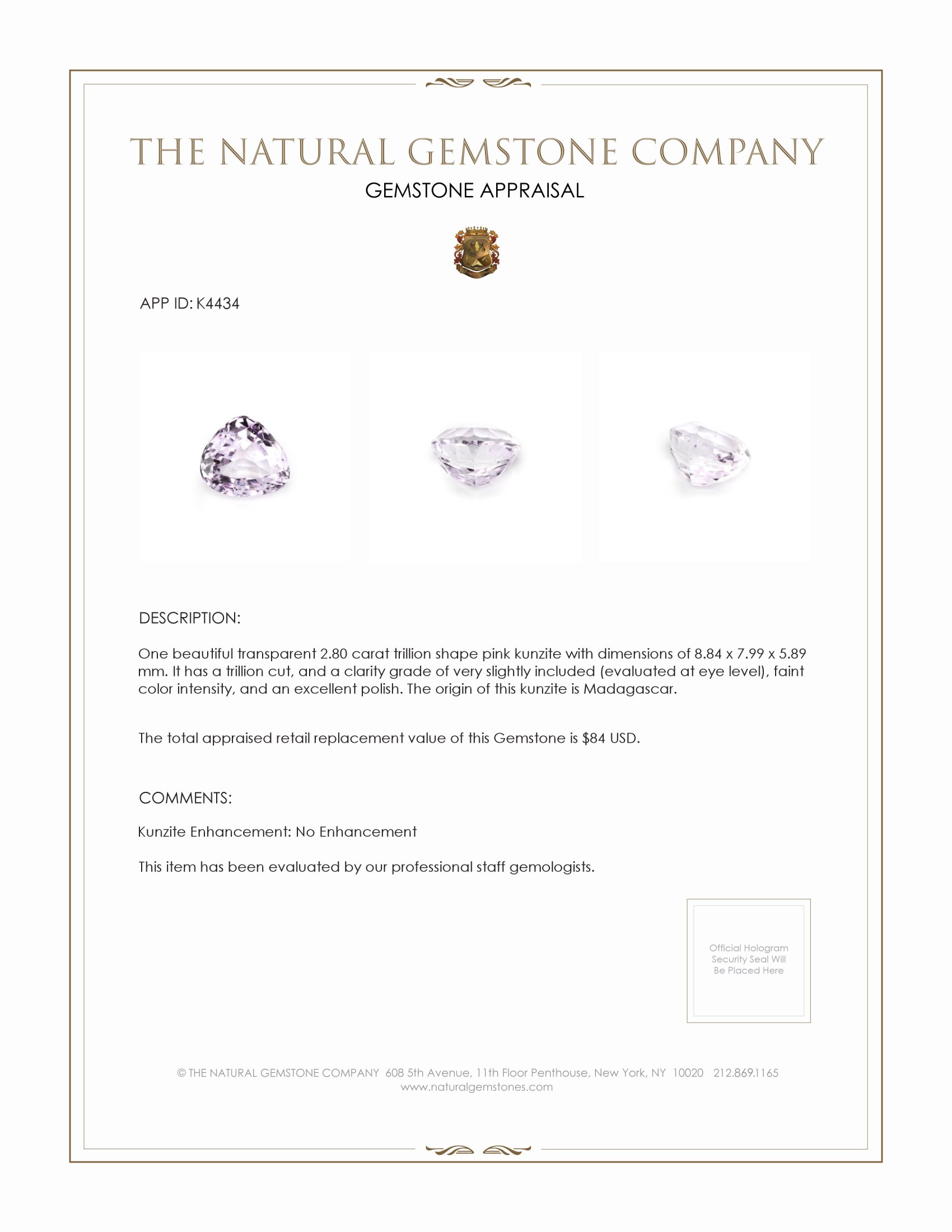 2.80 Ct. Kunzite from Madagascar