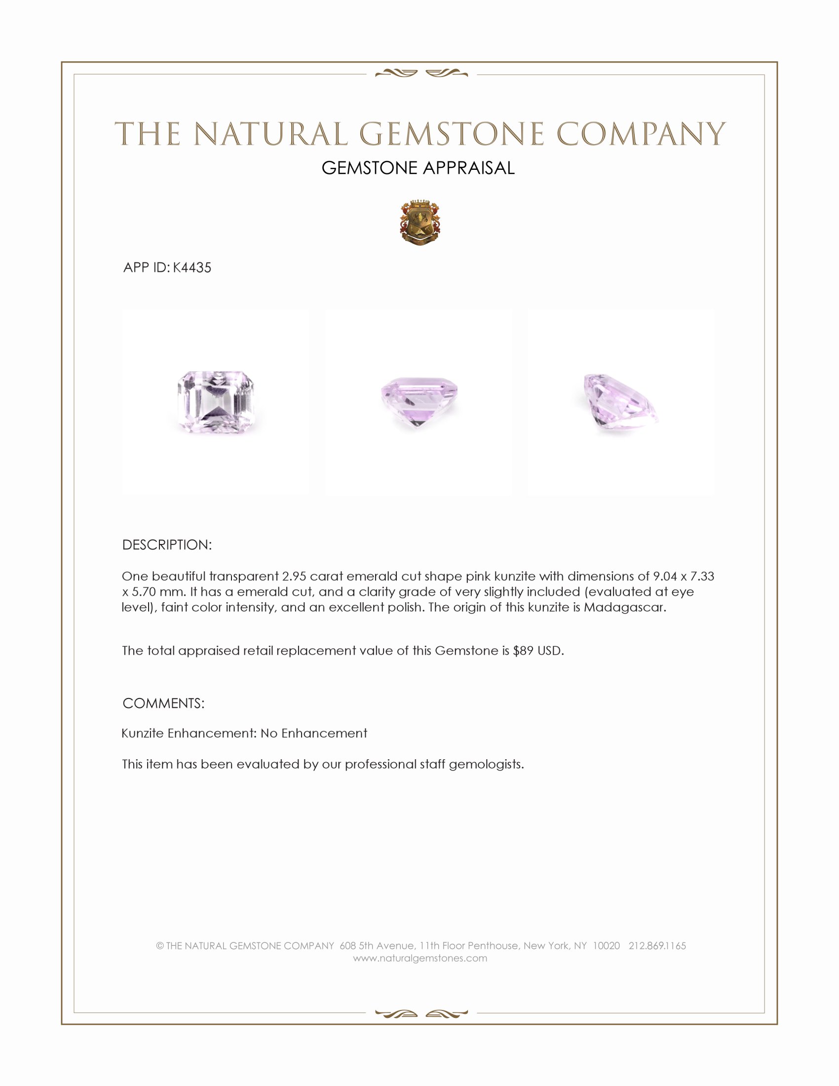 2.95 Ct. Kunzite from Madagascar