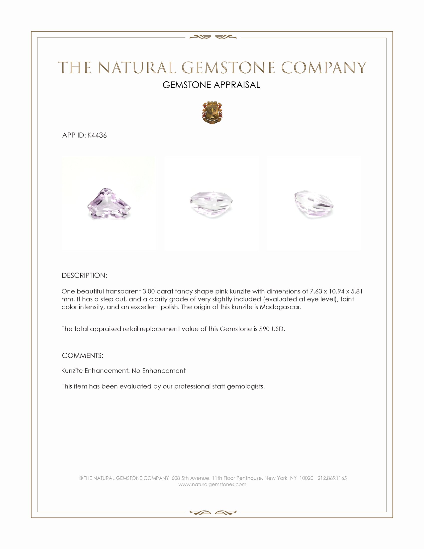 3.00 Ct. Pink Kunzite from Madagascar