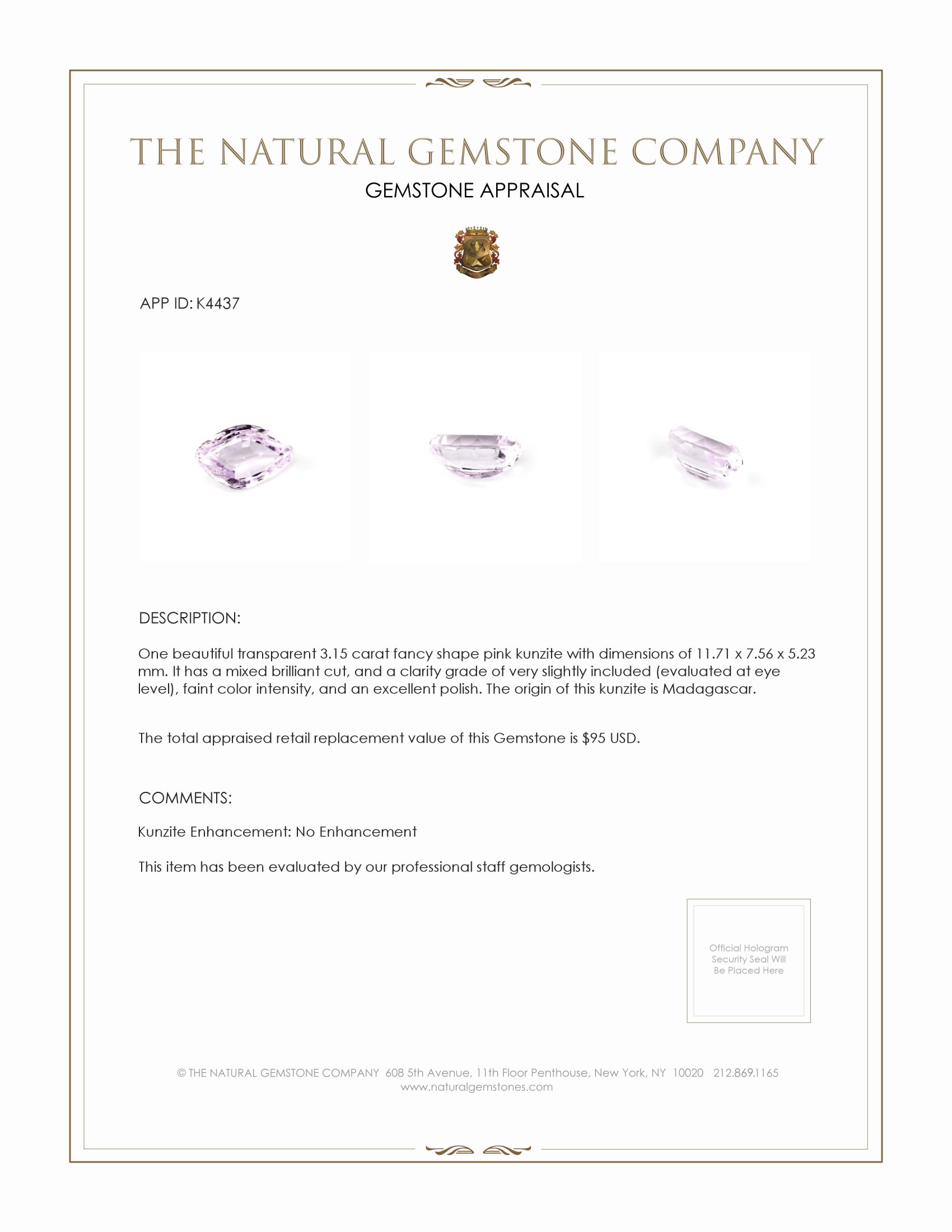 3.15 Ct. Kunzite from Madagascar