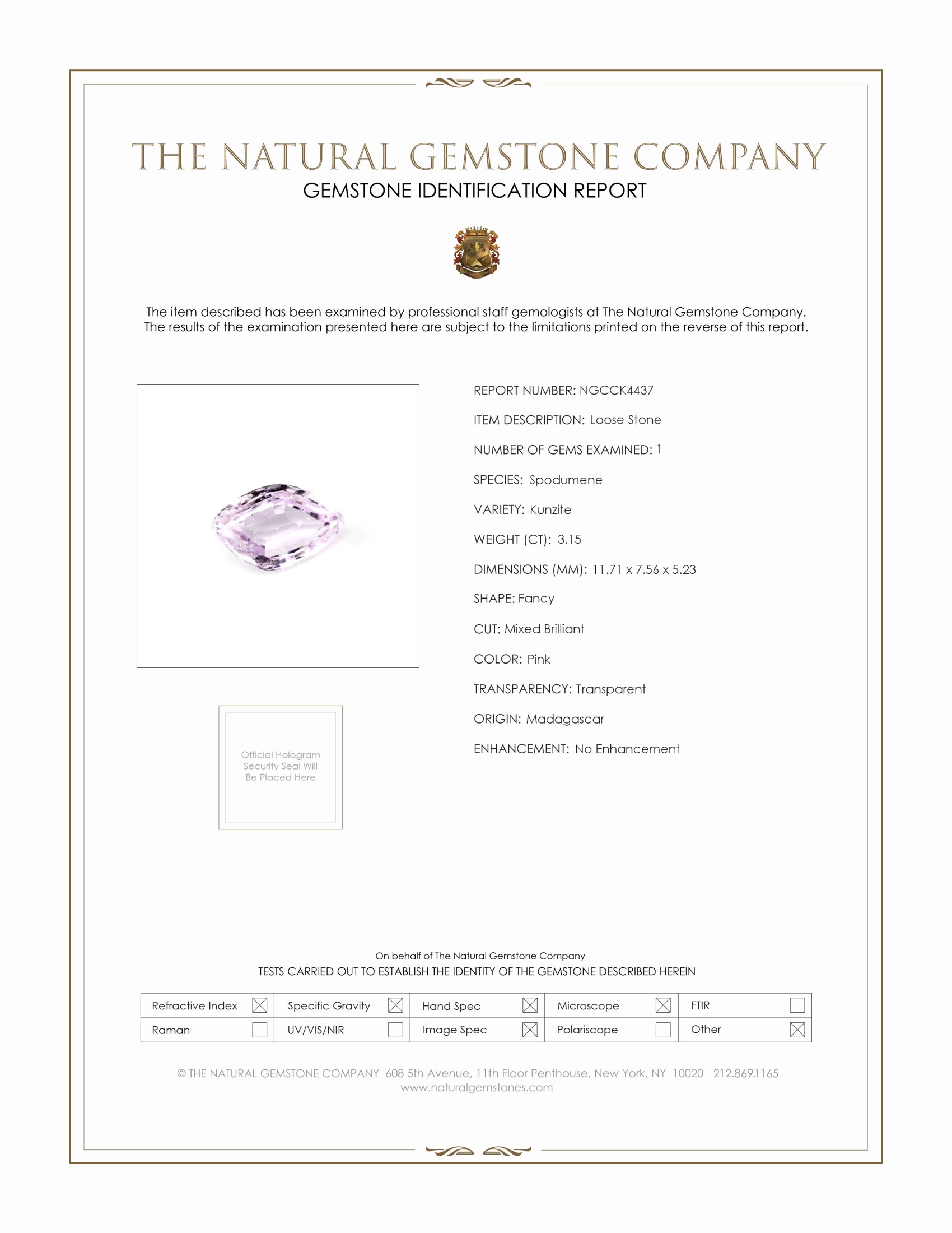 3.15 Ct. Pink Kunzite from Madagascar