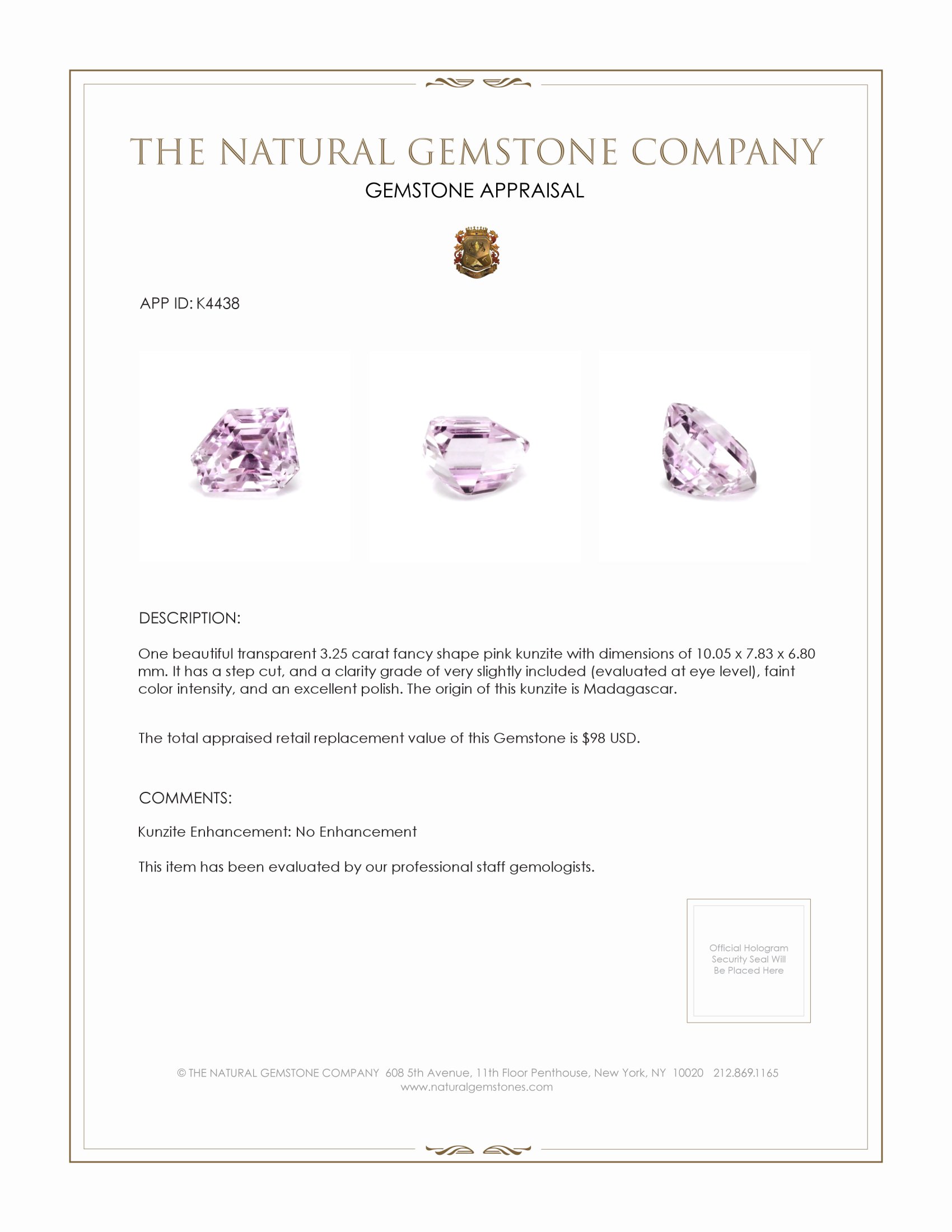 3.25 Ct. Pink Kunzite from Madagascar