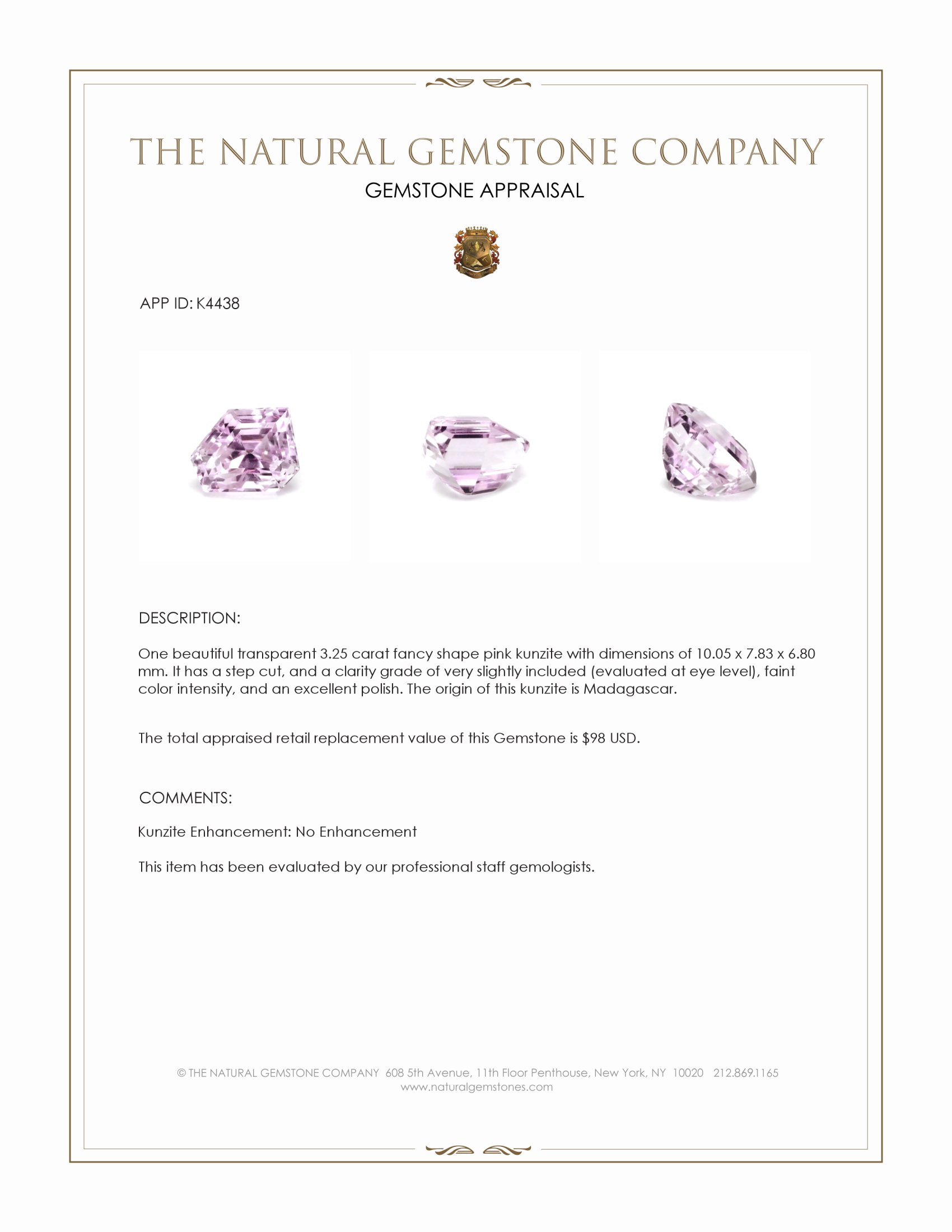 3.25 Ct. Kunzite from Madagascar