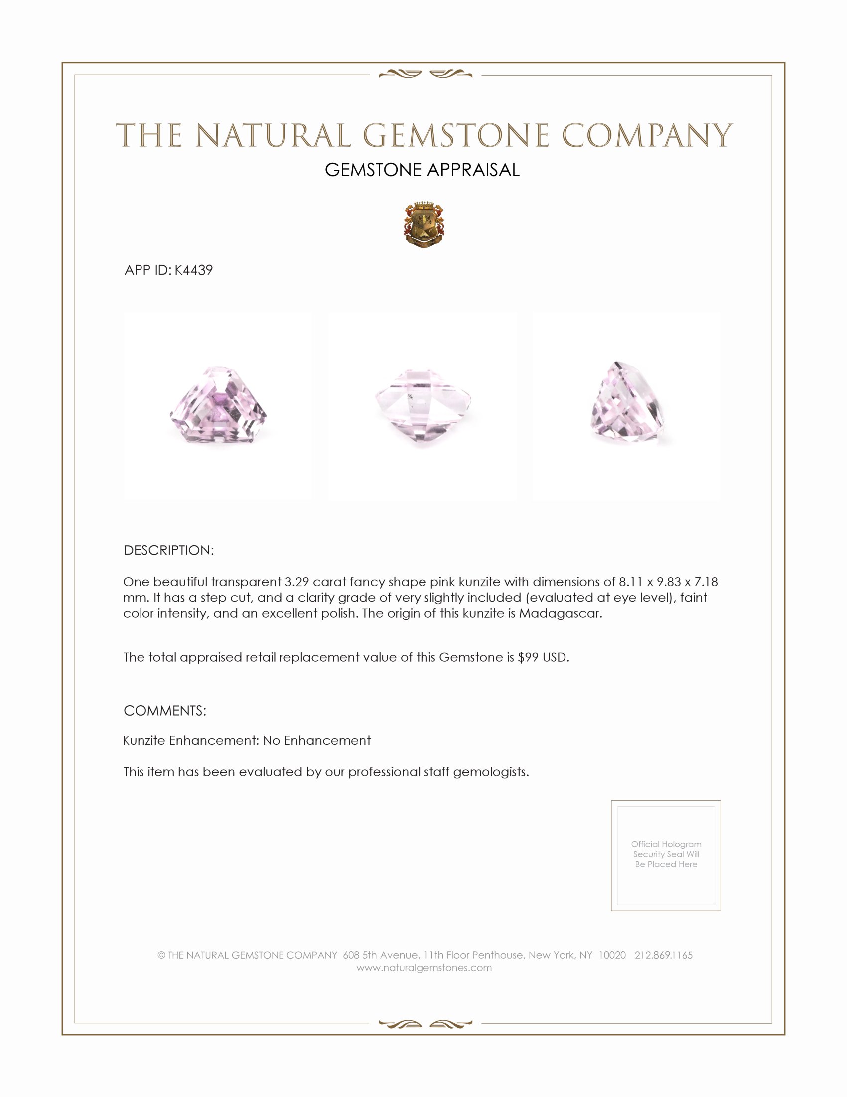 3.29 Ct. Kunzite from Madagascar
