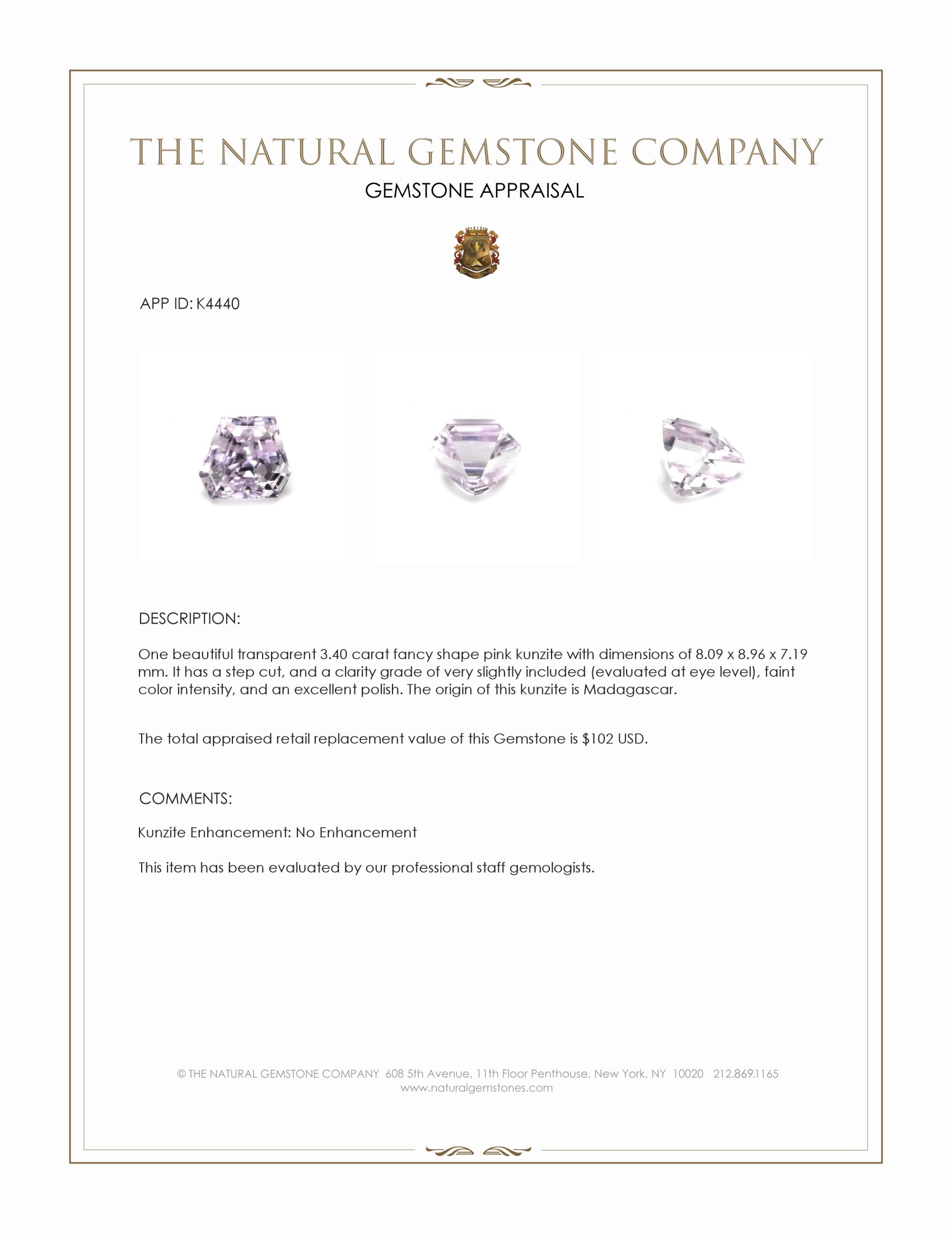 3.40 Ct. Pink Kunzite from Madagascar