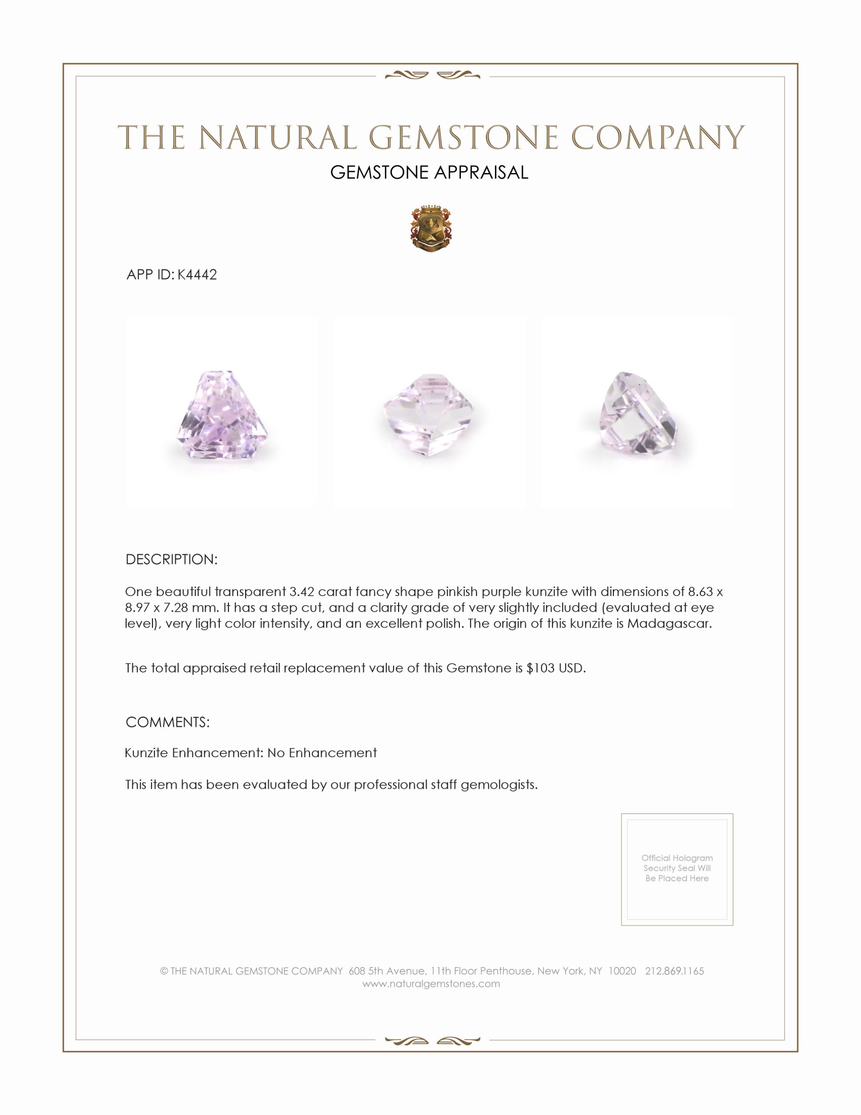 3.42 Ct. Kunzite from Madagascar
