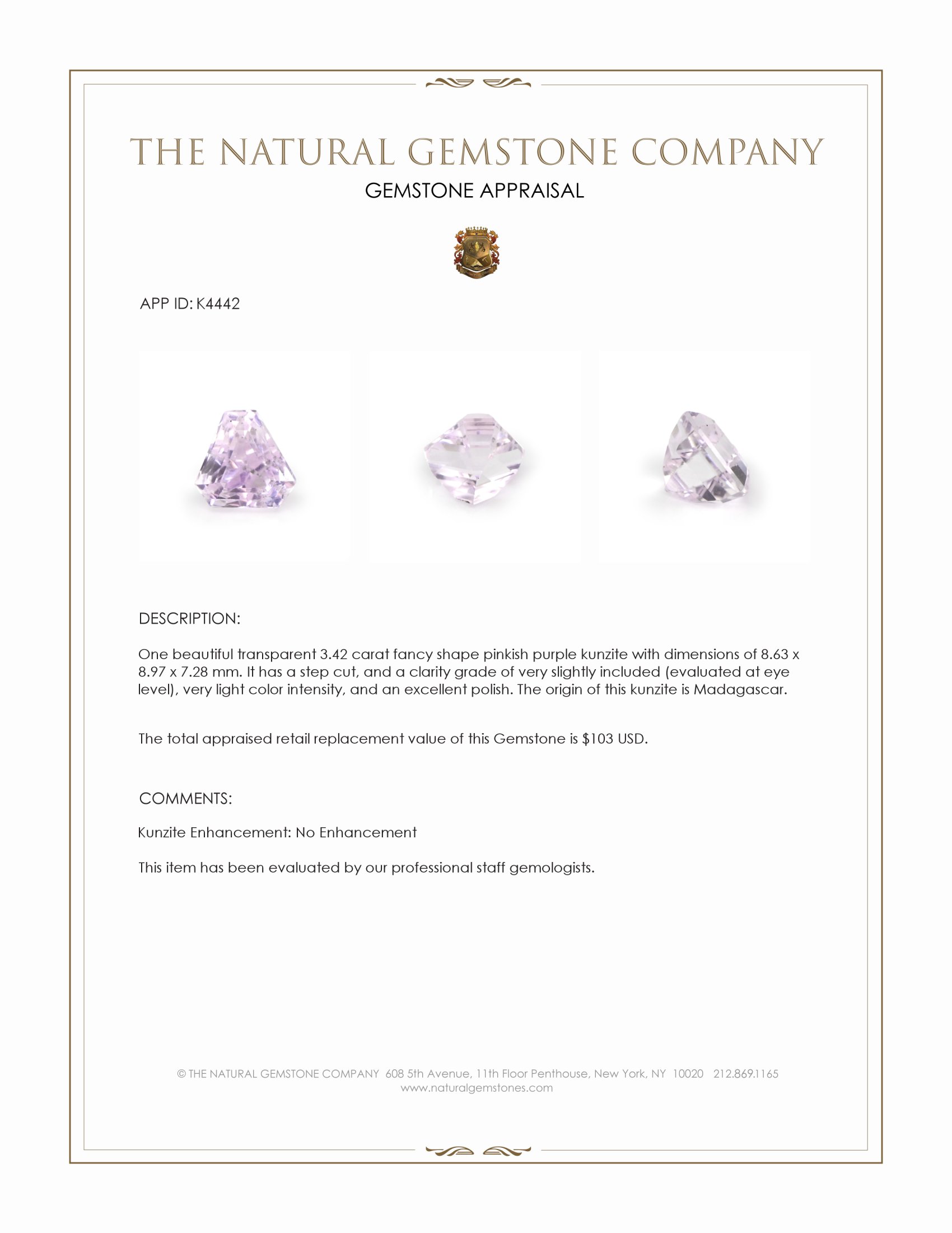 3.42 Ct. Kunzite from Madagascar