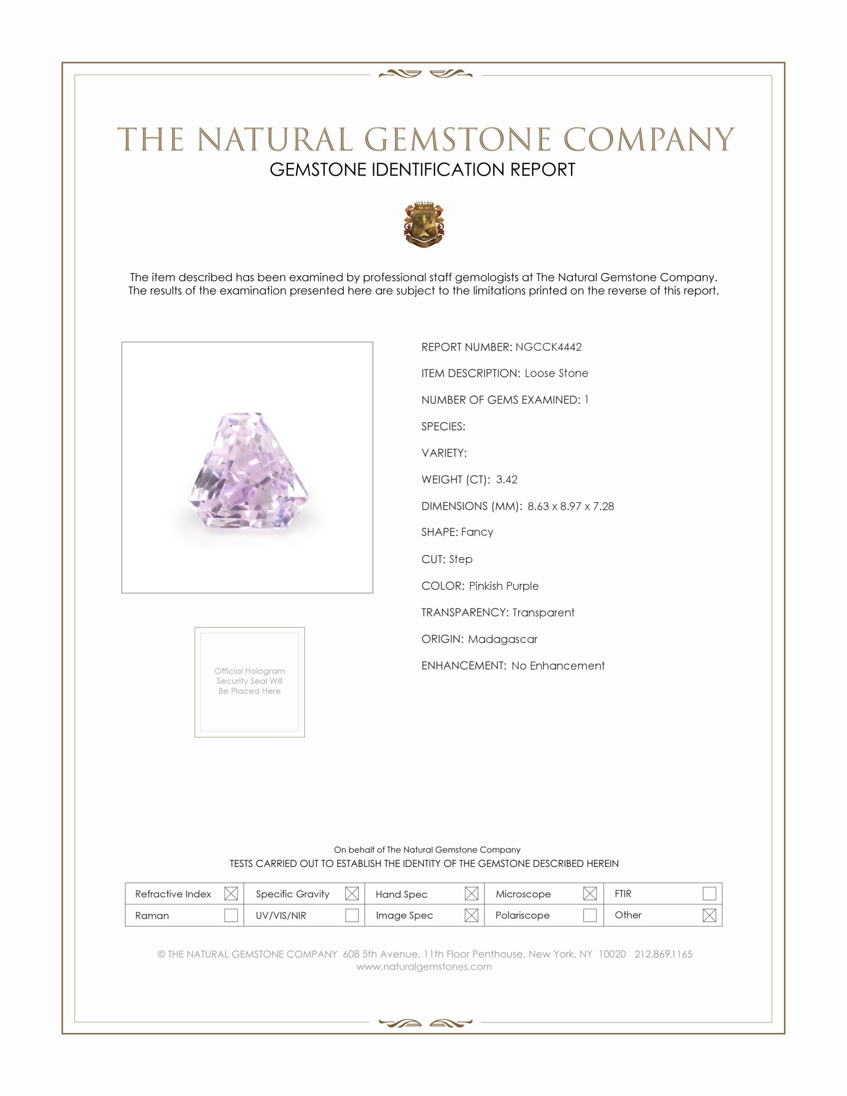 3.42 Ct. Pinkish Purple Kunzite from Madagascar