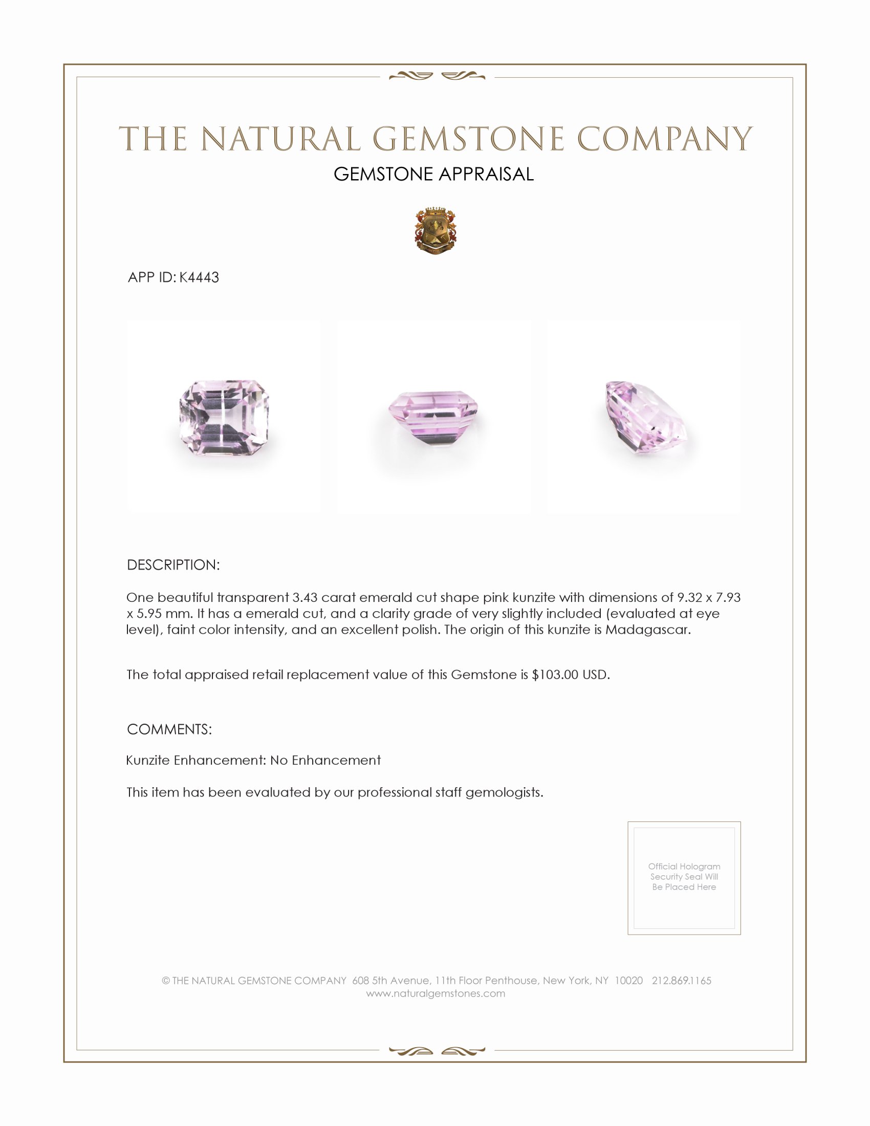 3.43 Ct. Kunzite from Madagascar