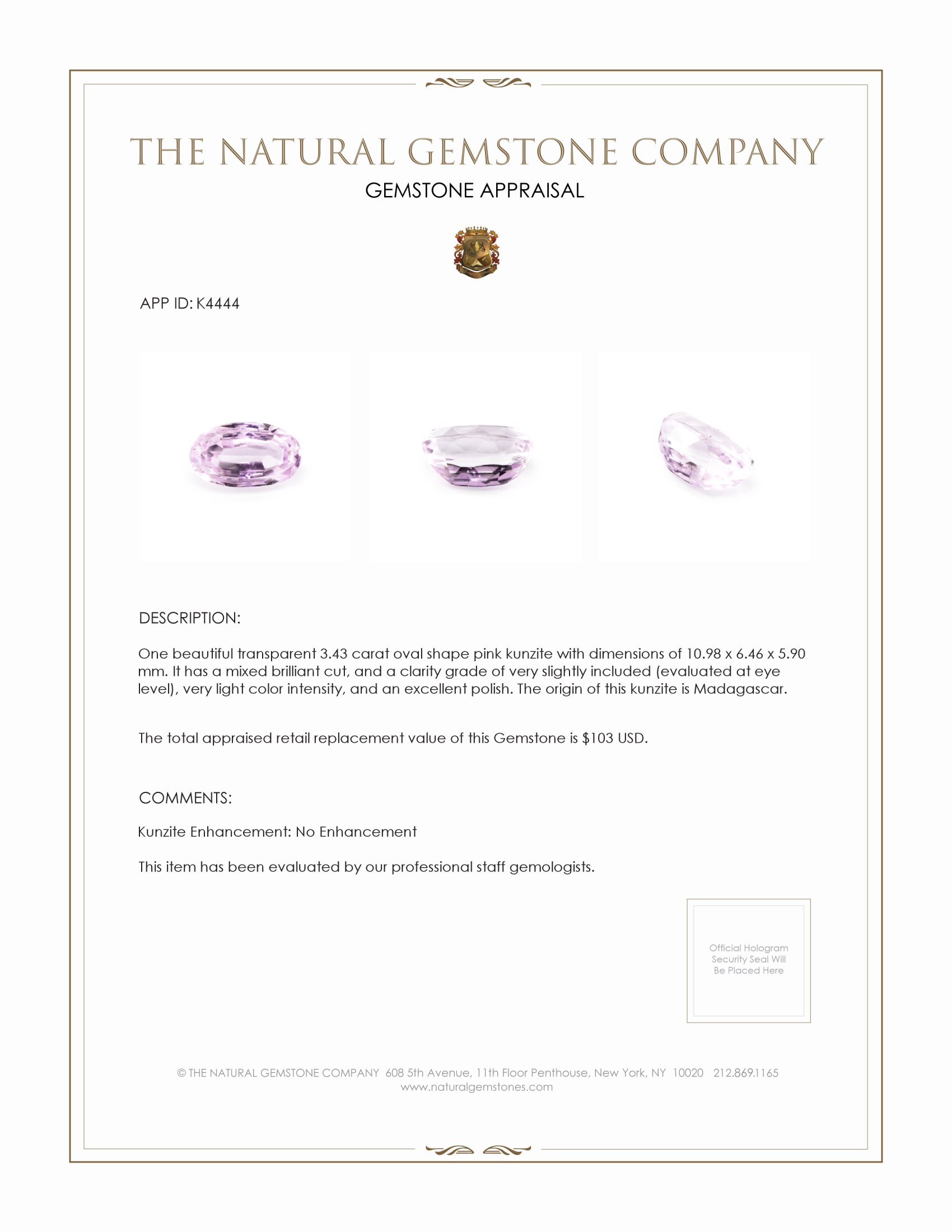 3.43 Ct. Kunzite from Madagascar