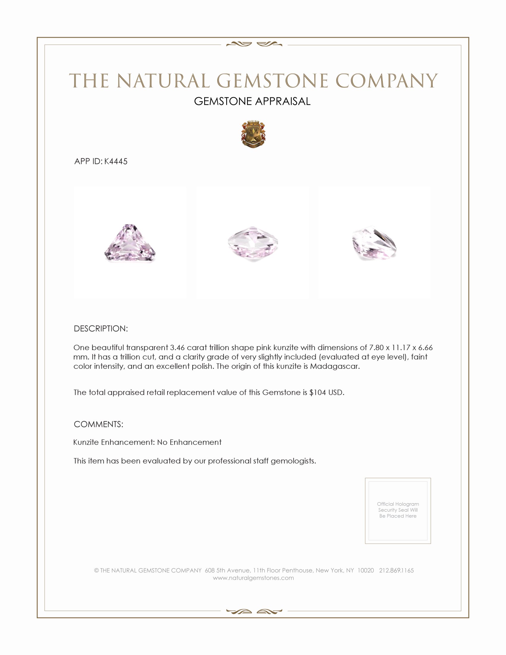 3.46 Ct. Pink Kunzite from Madagascar