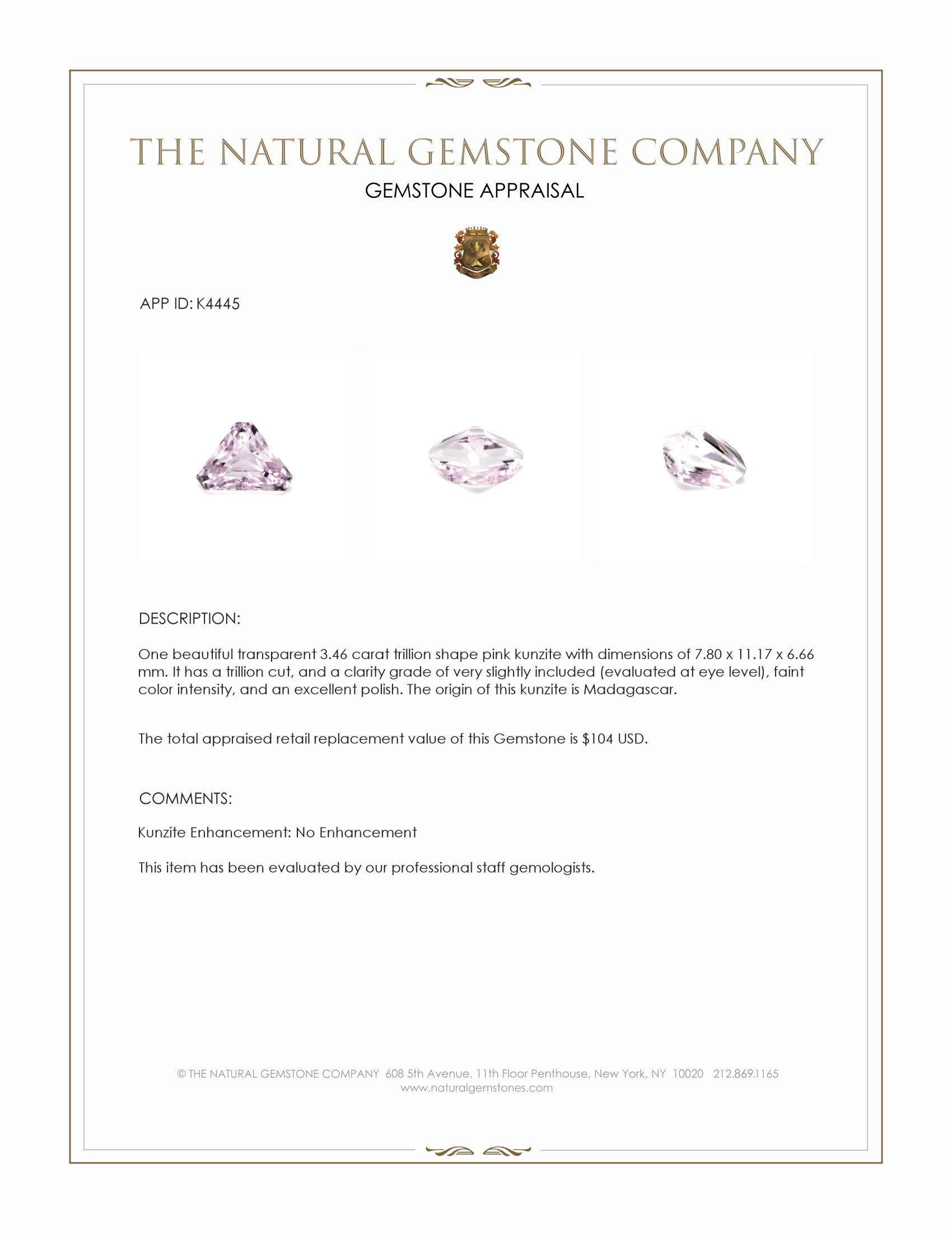 3.46 Ct. Kunzite from Madagascar