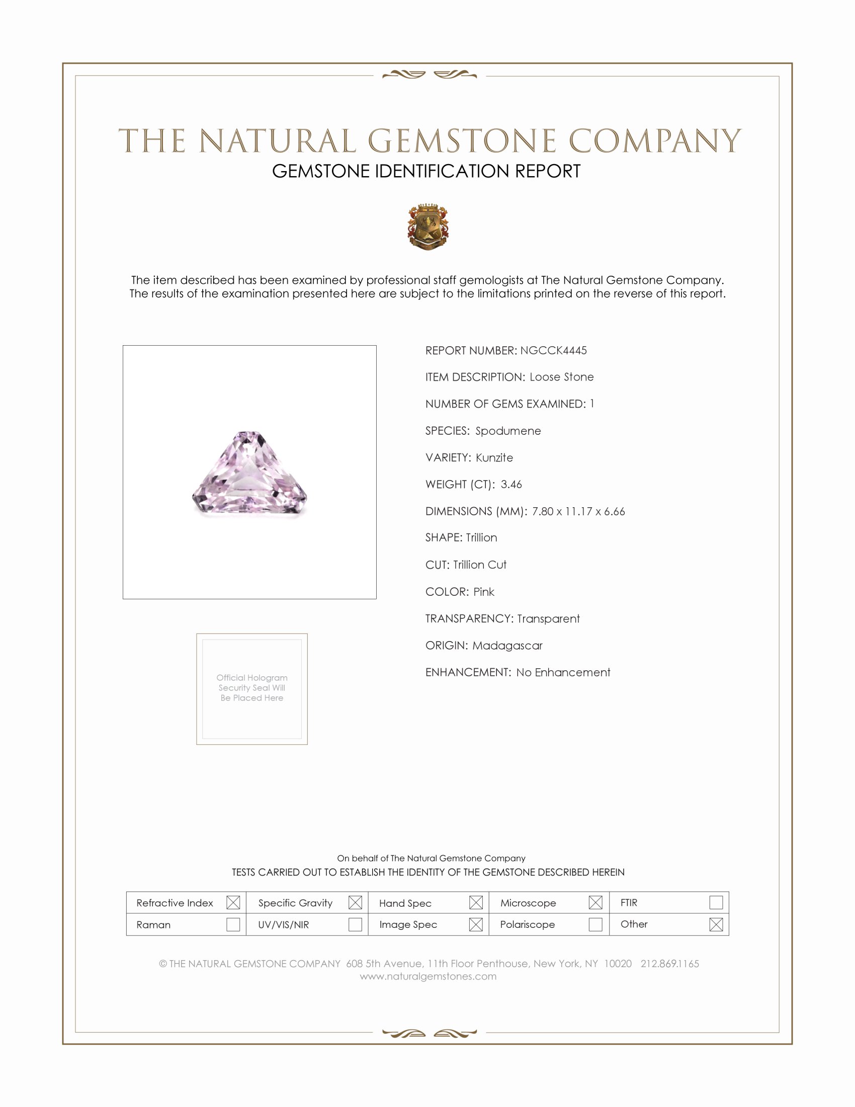 3.46 Ct. Pink Kunzite from Madagascar