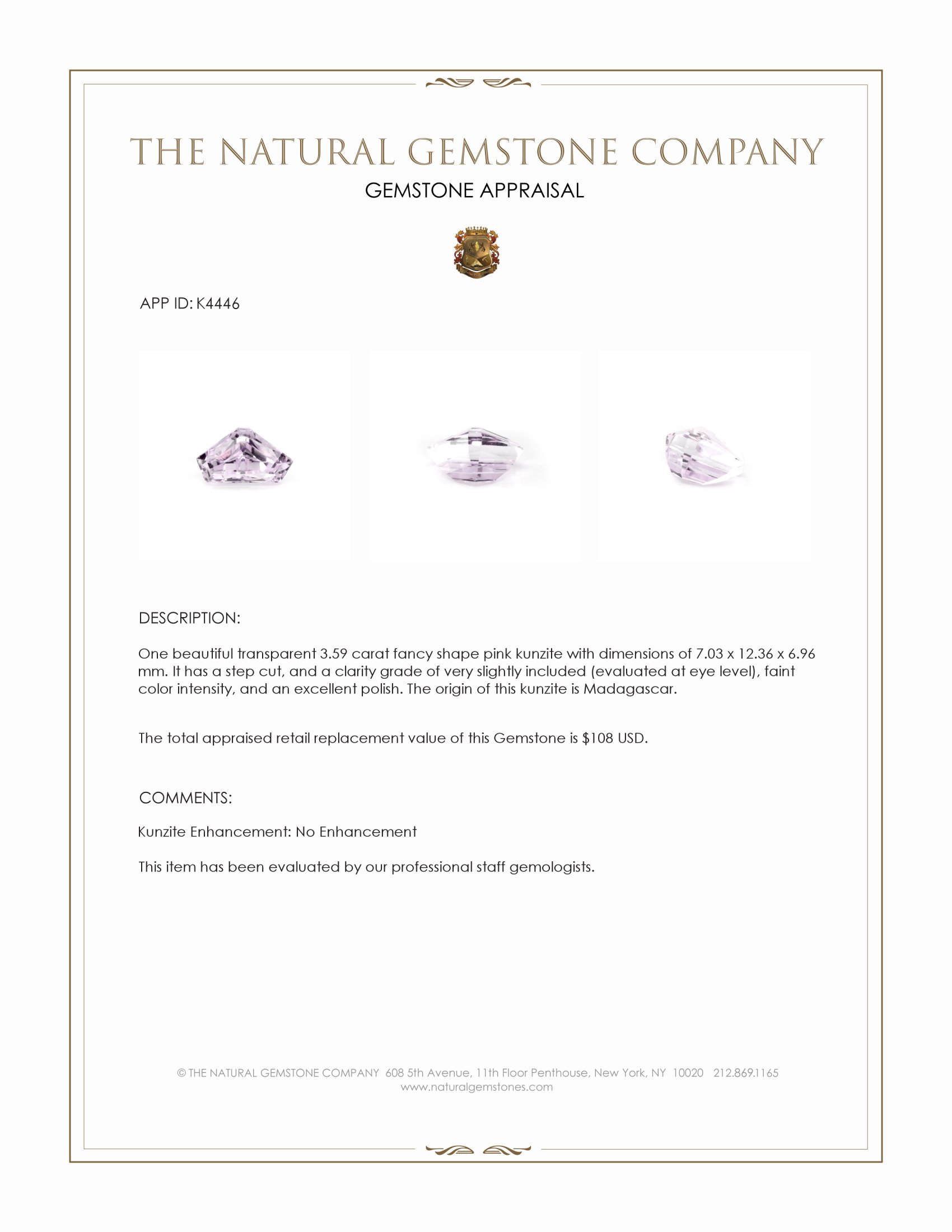 3.59 Ct. Pink Kunzite from Madagascar